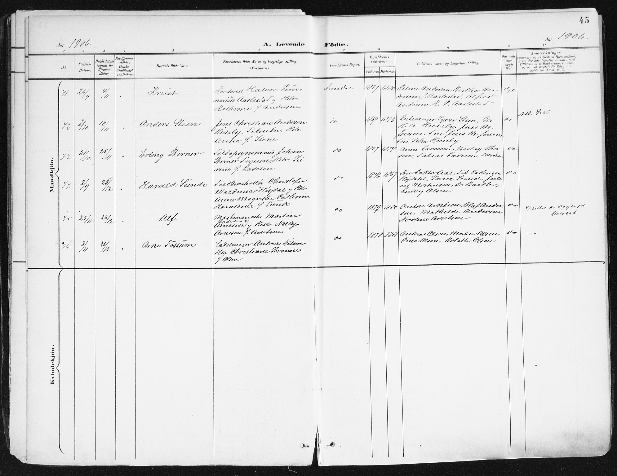 Arendal sokneprestkontor, Trefoldighet, AV/SAK-1111-0040/F/Fa/L0010: Parish register (official) no. A 10, 1900-1919, p. 45