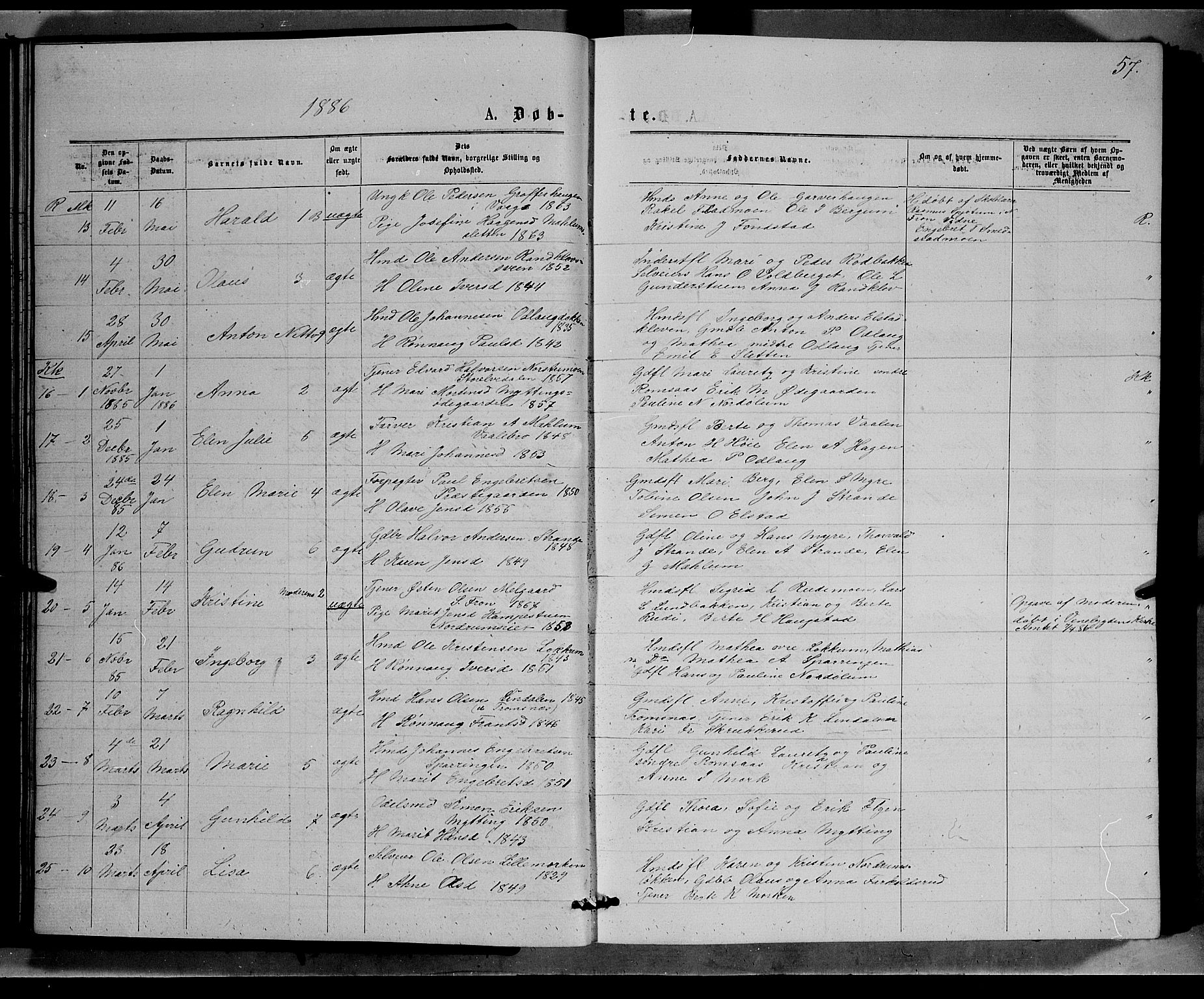 Ringebu prestekontor, SAH/PREST-082/H/Ha/Hab/L0006: Parish register (copy) no. 6, 1880-1898, p. 57