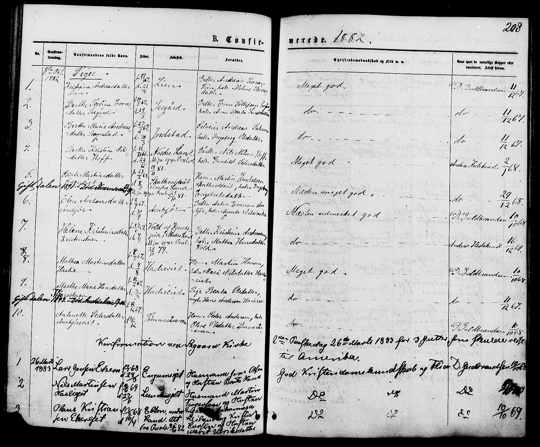 Biri prestekontor, SAH/PREST-096/H/Ha/Haa/L0006: Parish register (official) no. 6, 1877-1886, p. 208