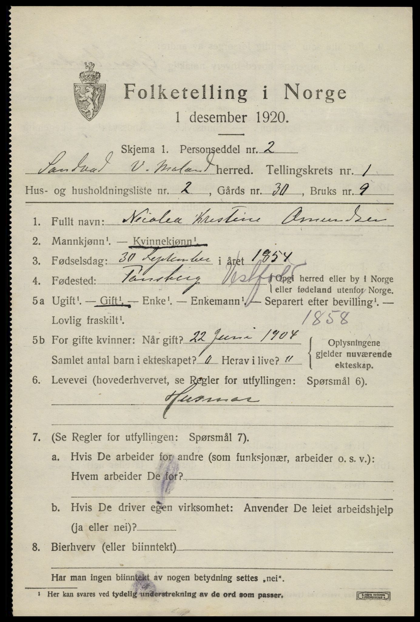 SAK, 1920 census for Vestre Moland, 1920, p. 1055