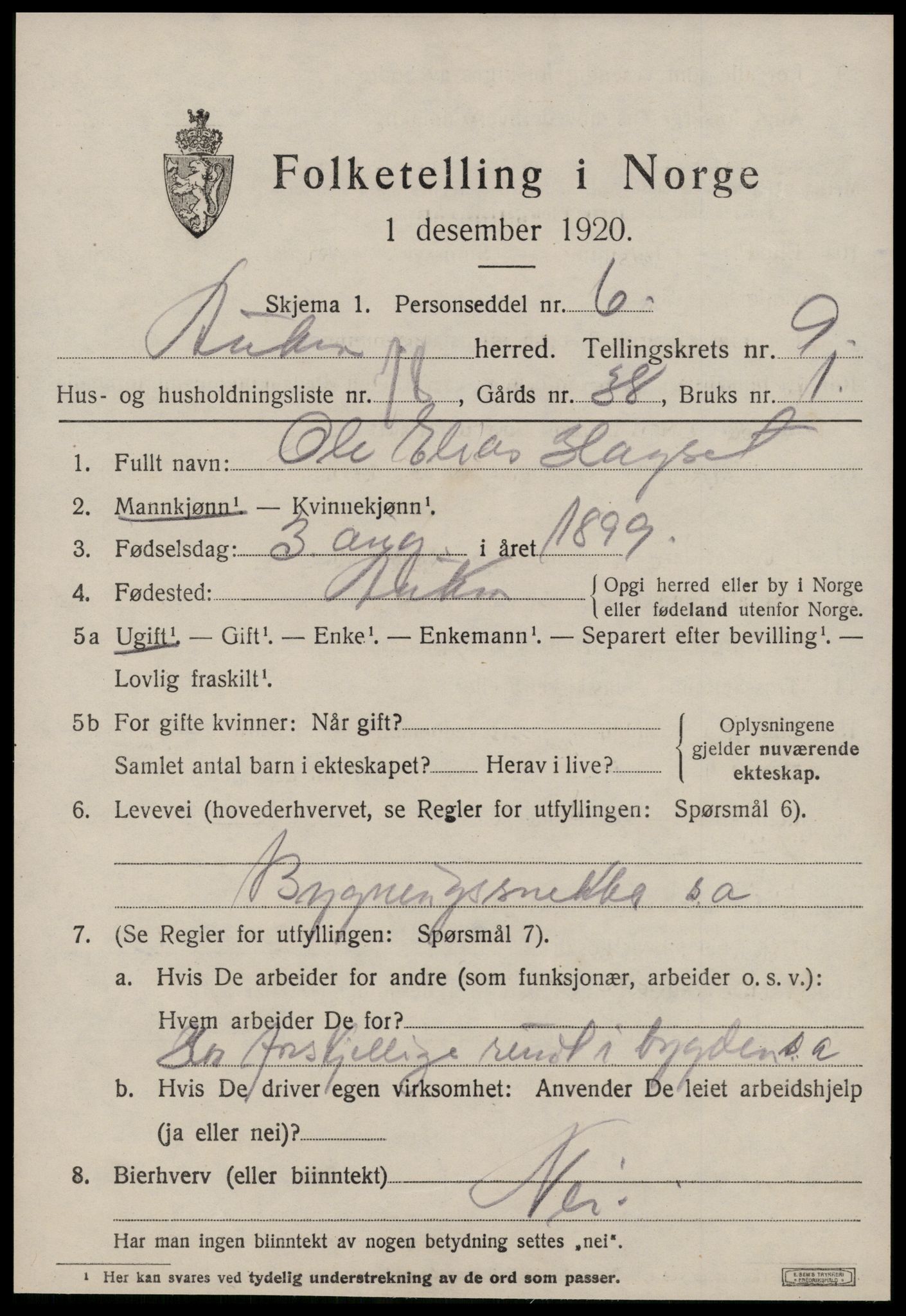 SAT, 1920 census for Aukra, 1920, p. 4833