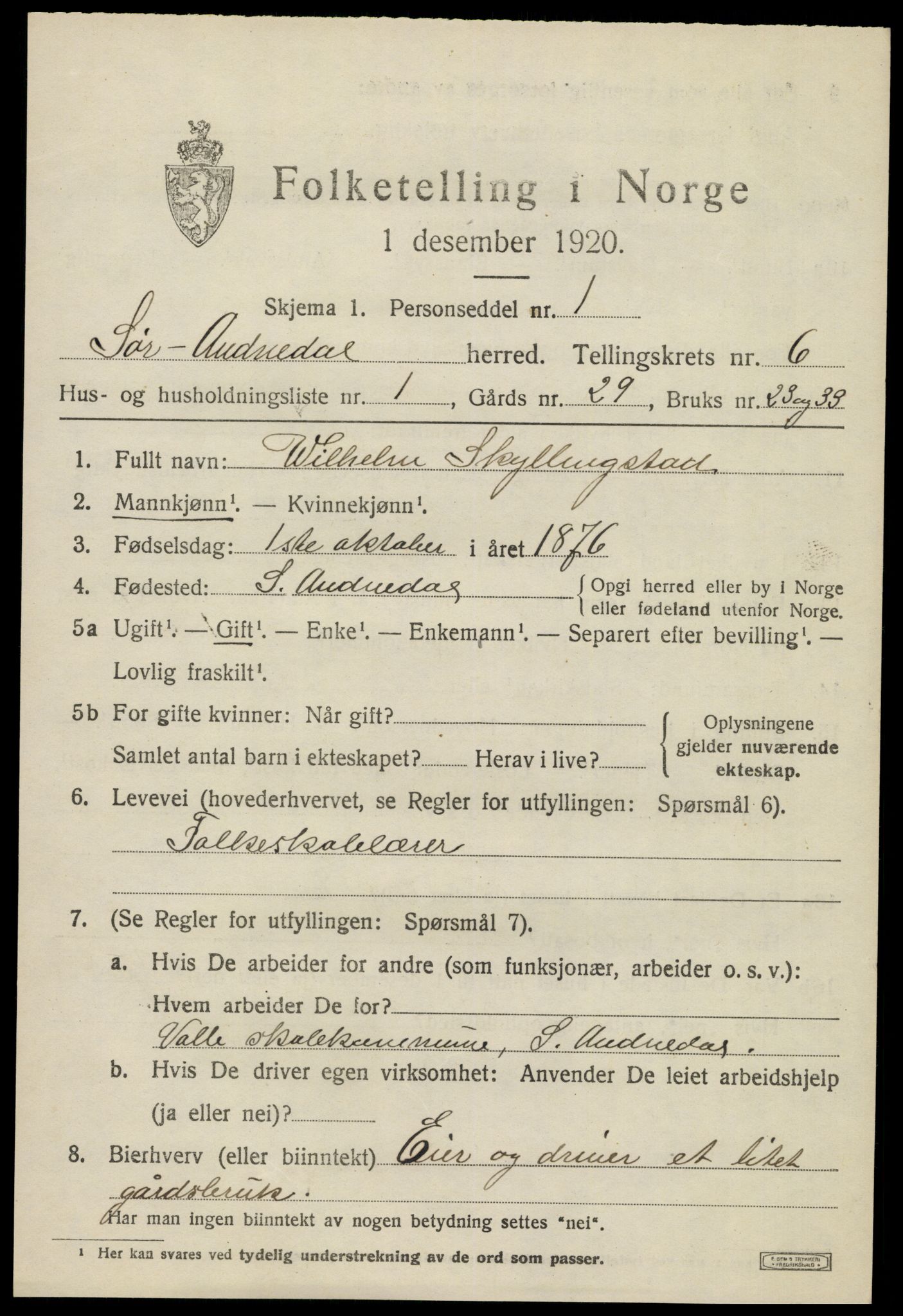 SAK, 1920 census for Sør-Audnedal, 1920, p. 2691