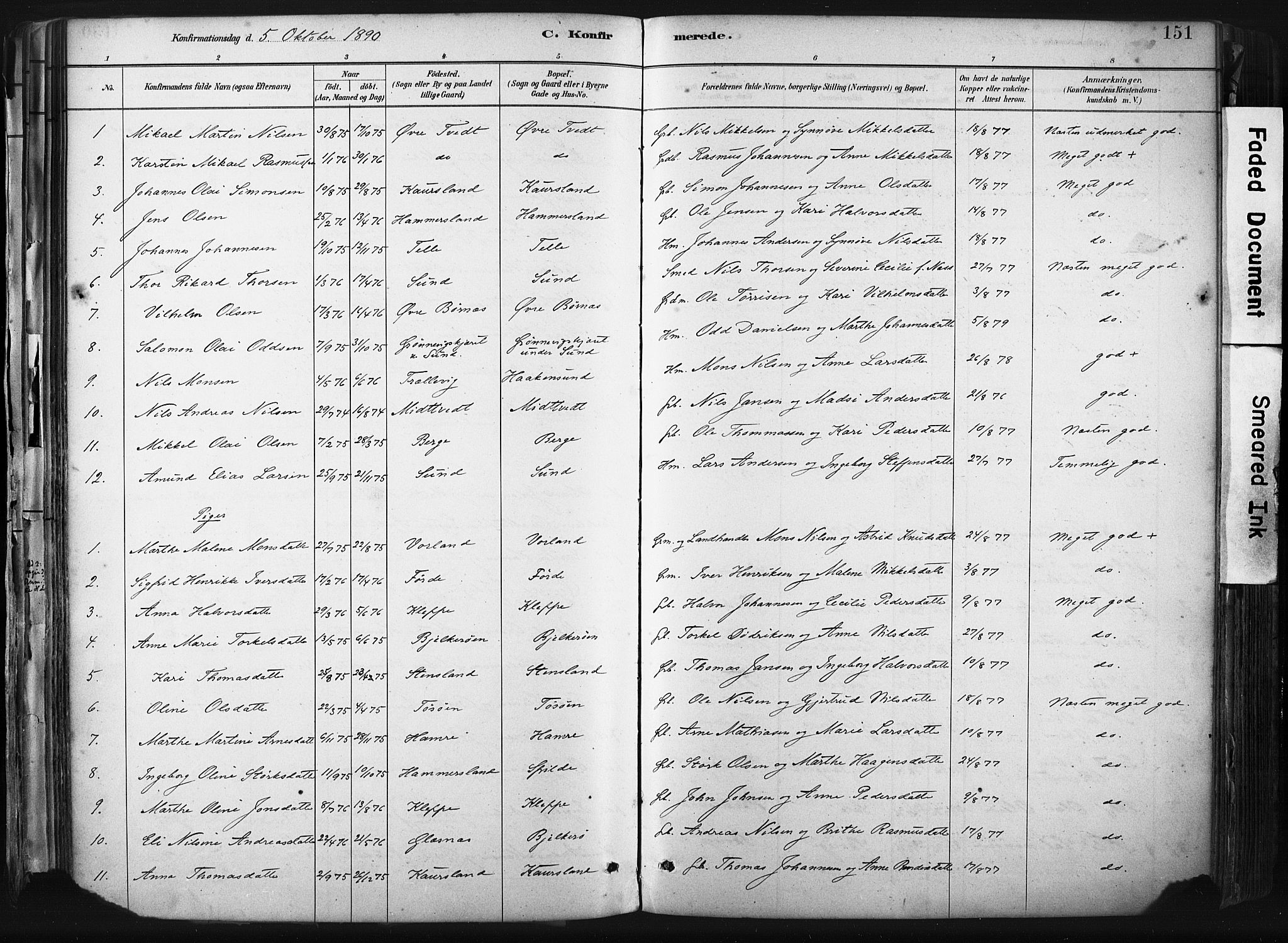 Sund sokneprestembete, AV/SAB-A-99930: Parish register (official) no. B 1, 1882-1907, p. 151