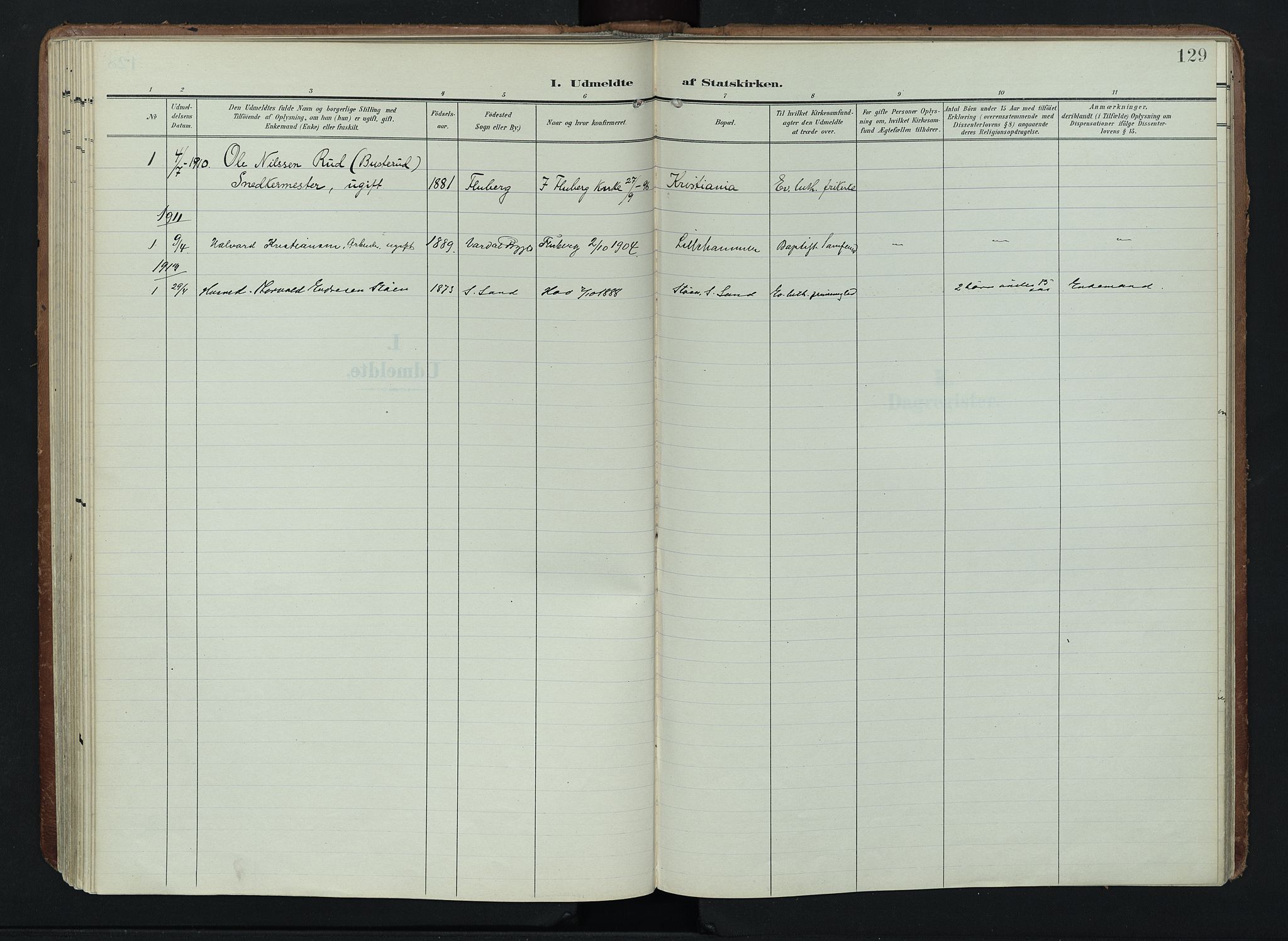 Søndre Land prestekontor, AV/SAH-PREST-122/K/L0005: Parish register (official) no. 5, 1905-1914, p. 129