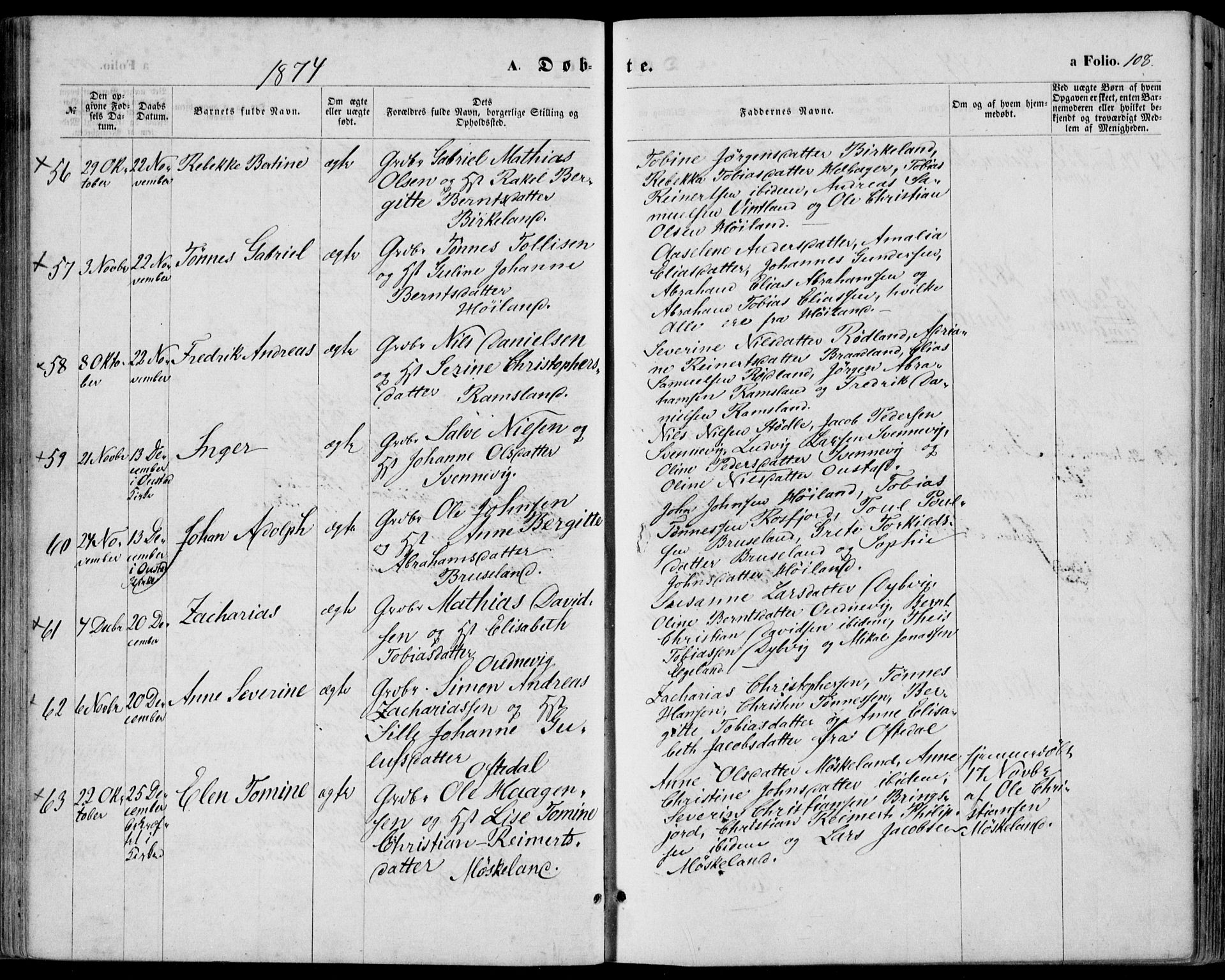 Lyngdal sokneprestkontor, SAK/1111-0029/F/Fa/Fac/L0010: Parish register (official) no. A 10, 1865-1878, p. 108