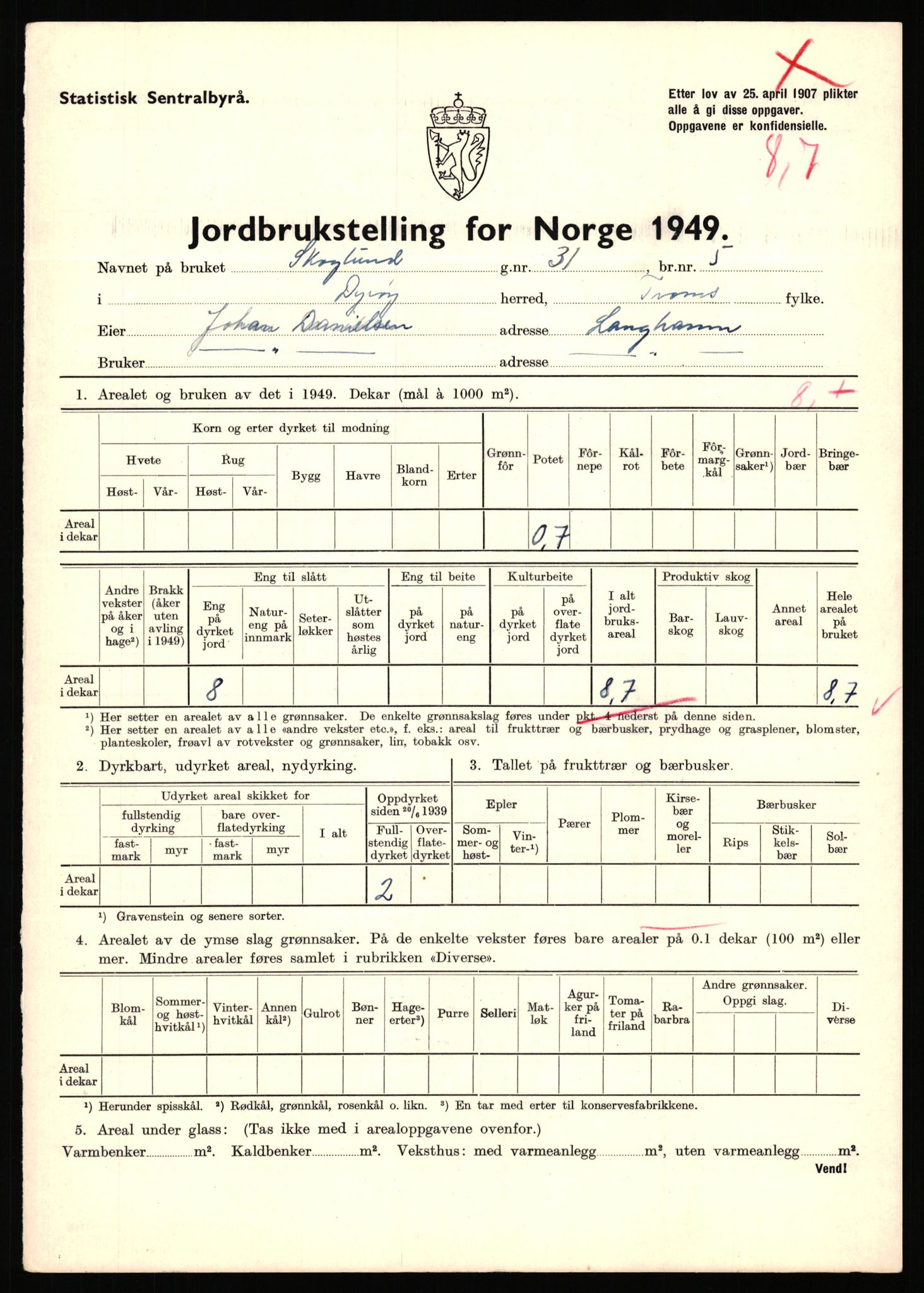 Statistisk sentralbyrå, Næringsøkonomiske emner, Jordbruk, skogbruk, jakt, fiske og fangst, AV/RA-S-2234/G/Gc/L0440: Troms: Sørreisa og Dyrøy, 1949, p. 958