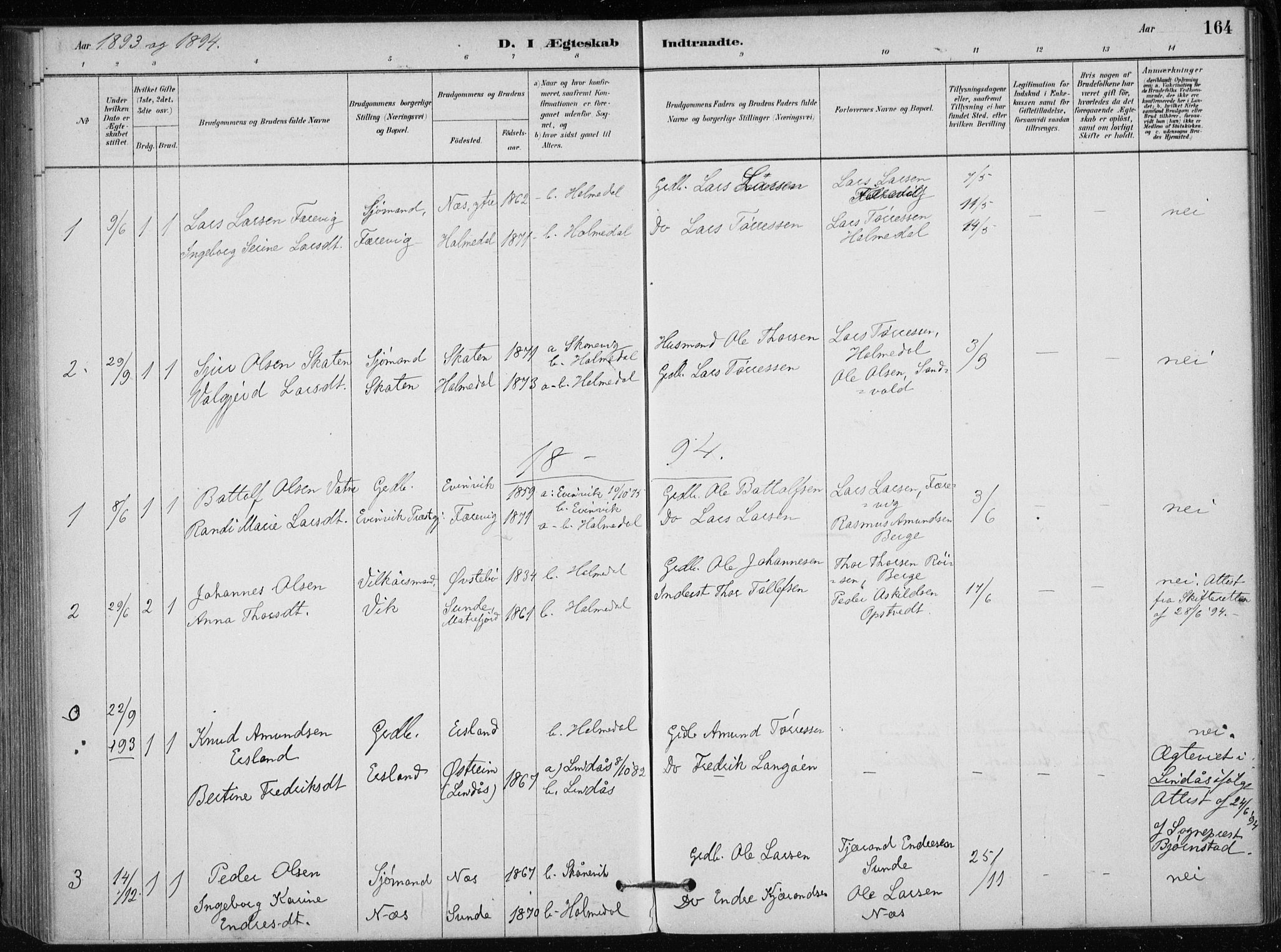 Skånevik sokneprestembete, SAB/A-77801/H/Haa: Parish register (official) no. C  1, 1879-1917, p. 164
