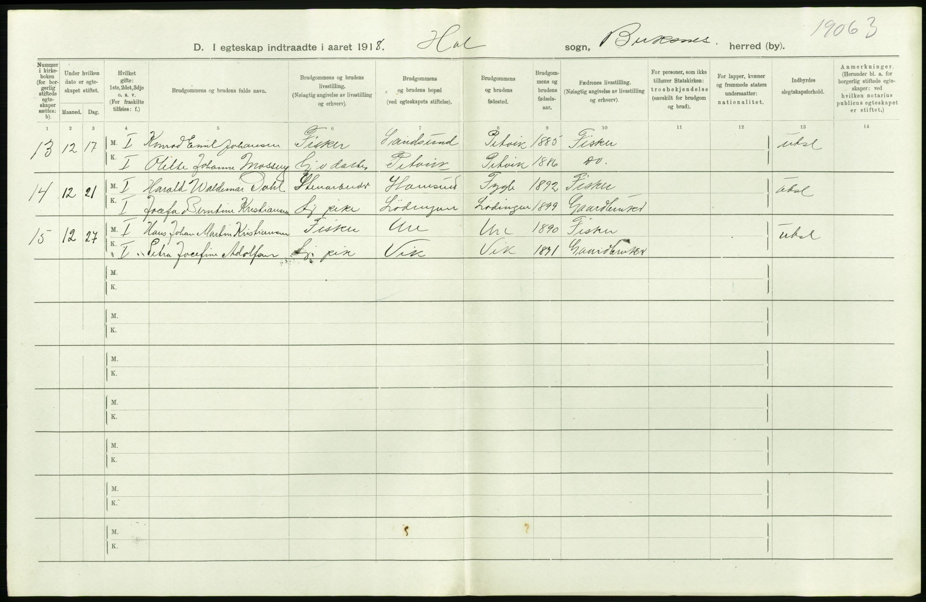 Statistisk sentralbyrå, Sosiodemografiske emner, Befolkning, RA/S-2228/D/Df/Dfb/Dfbh/L0054: Nordland fylke: Gifte, dødfødte. Bygder og byer., 1918, p. 262