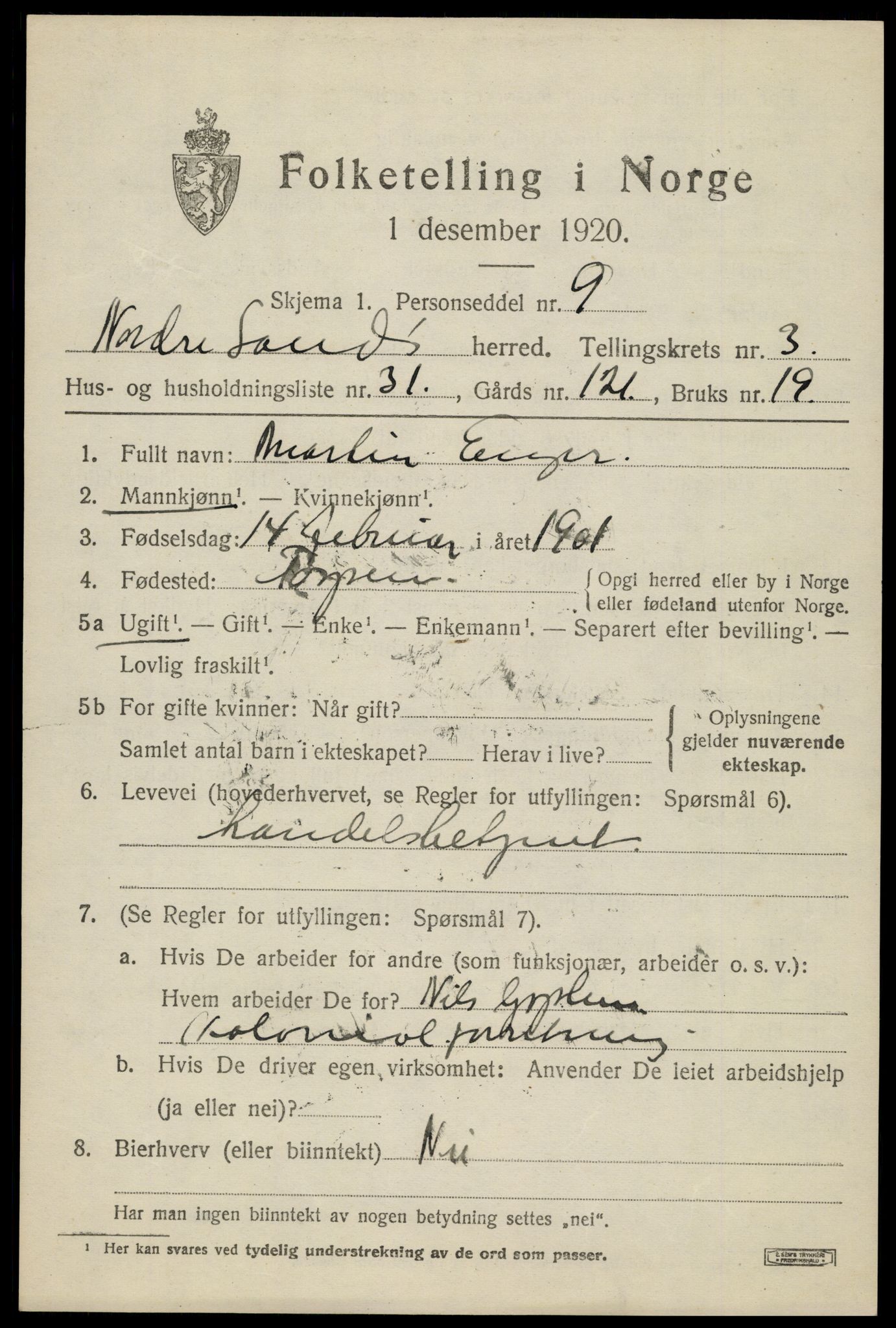 SAH, 1920 census for Nordre Land, 1920, p. 2640