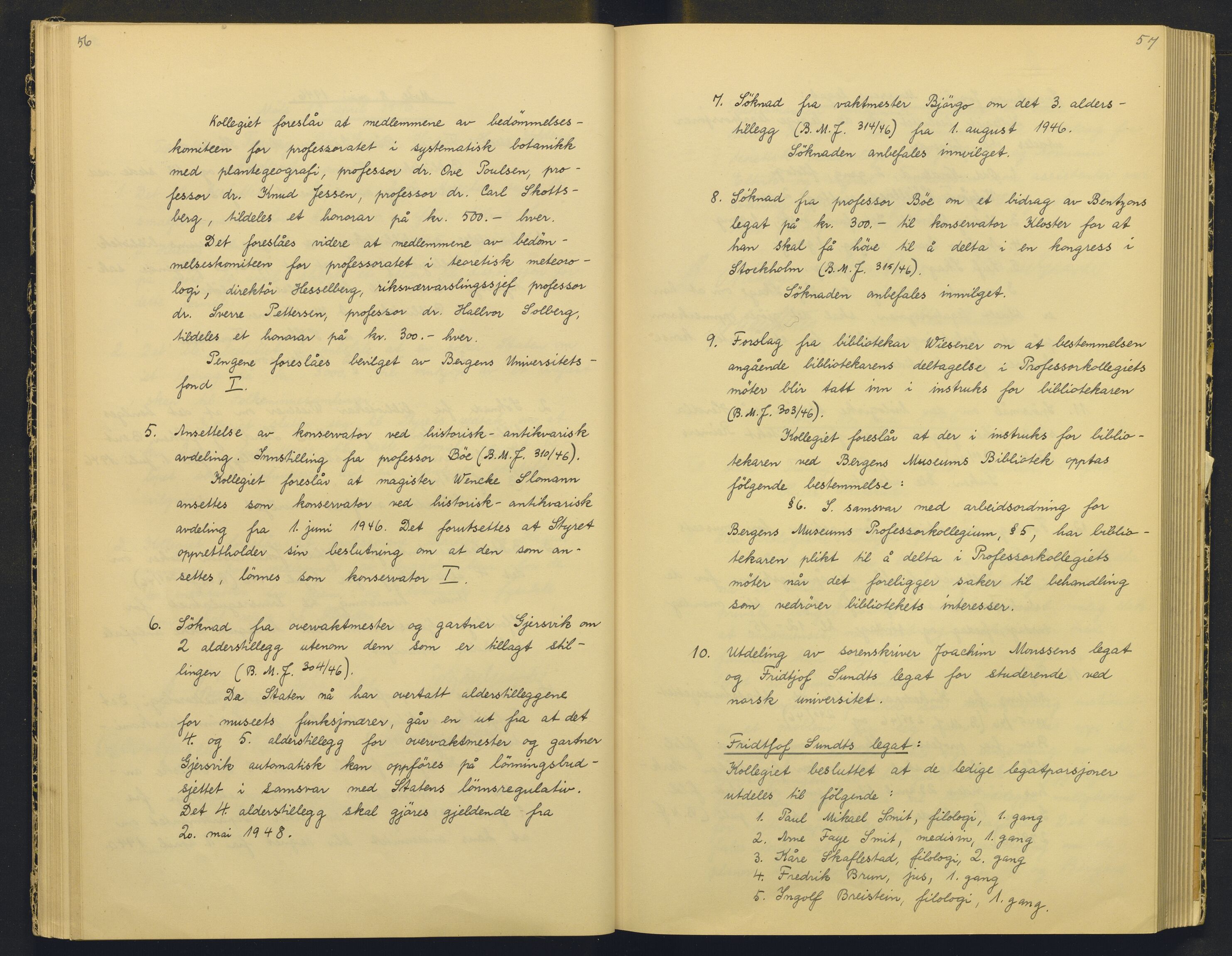 Bergens Museum, AV/SAB-A-17301/18/A/L0004: Professorkollegiets møtebok med register , 1945-1949, p. 56-57