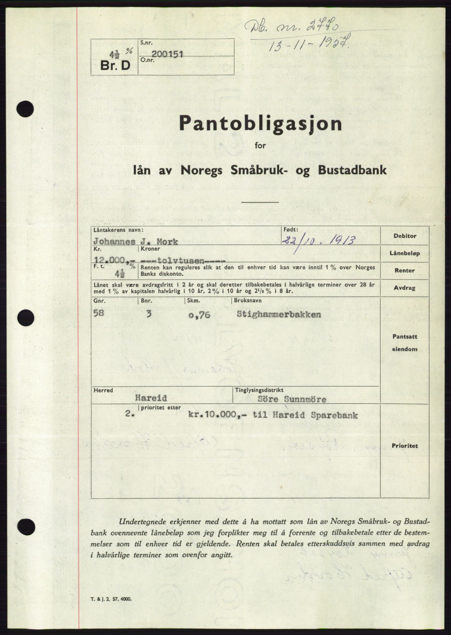 Søre Sunnmøre sorenskriveri, AV/SAT-A-4122/1/2/2C/L0130: Mortgage book no. 18B, 1957-1958, Diary no: : 2770/1957