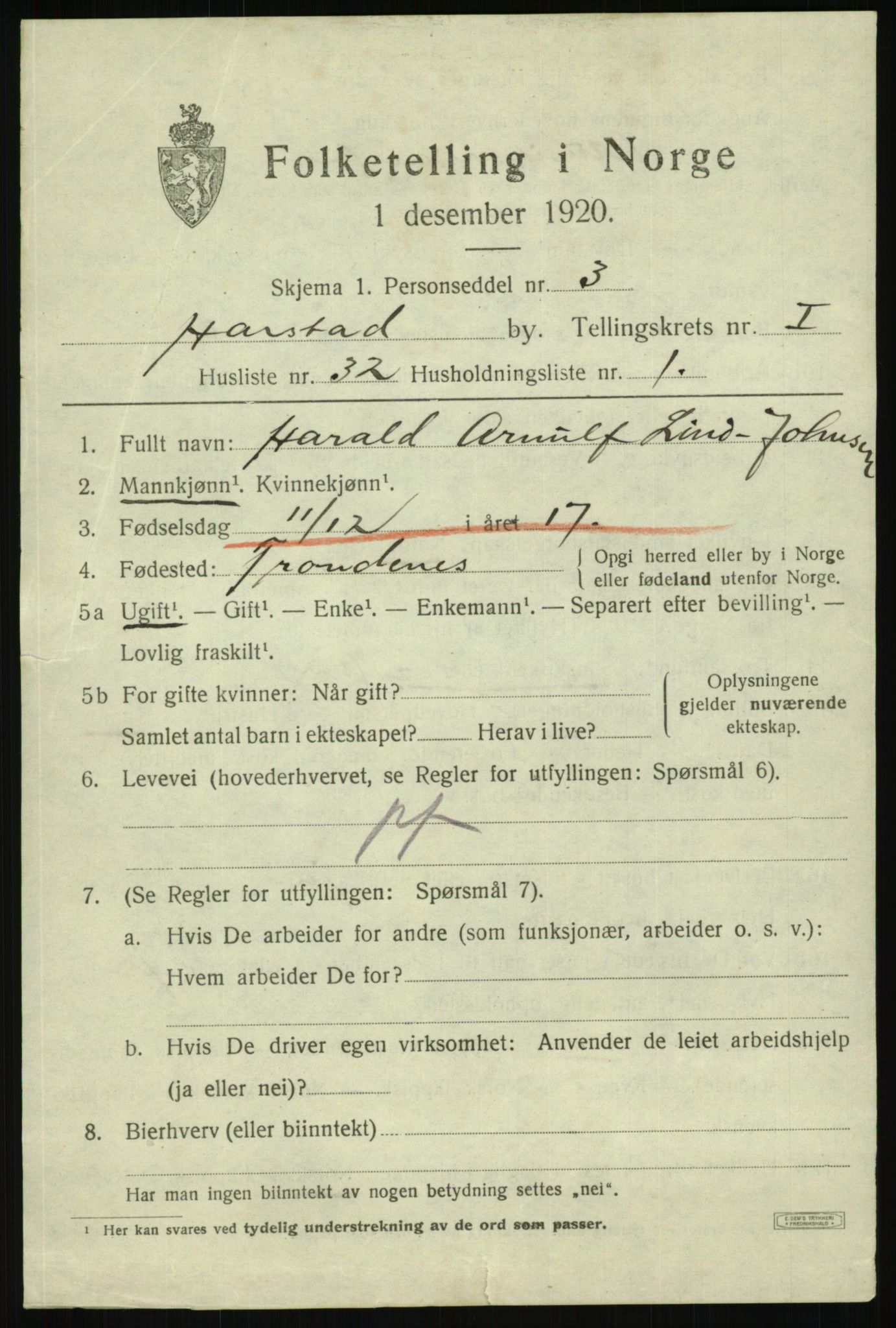 SATØ, 1920 census for Harstad, 1920, p. 2938