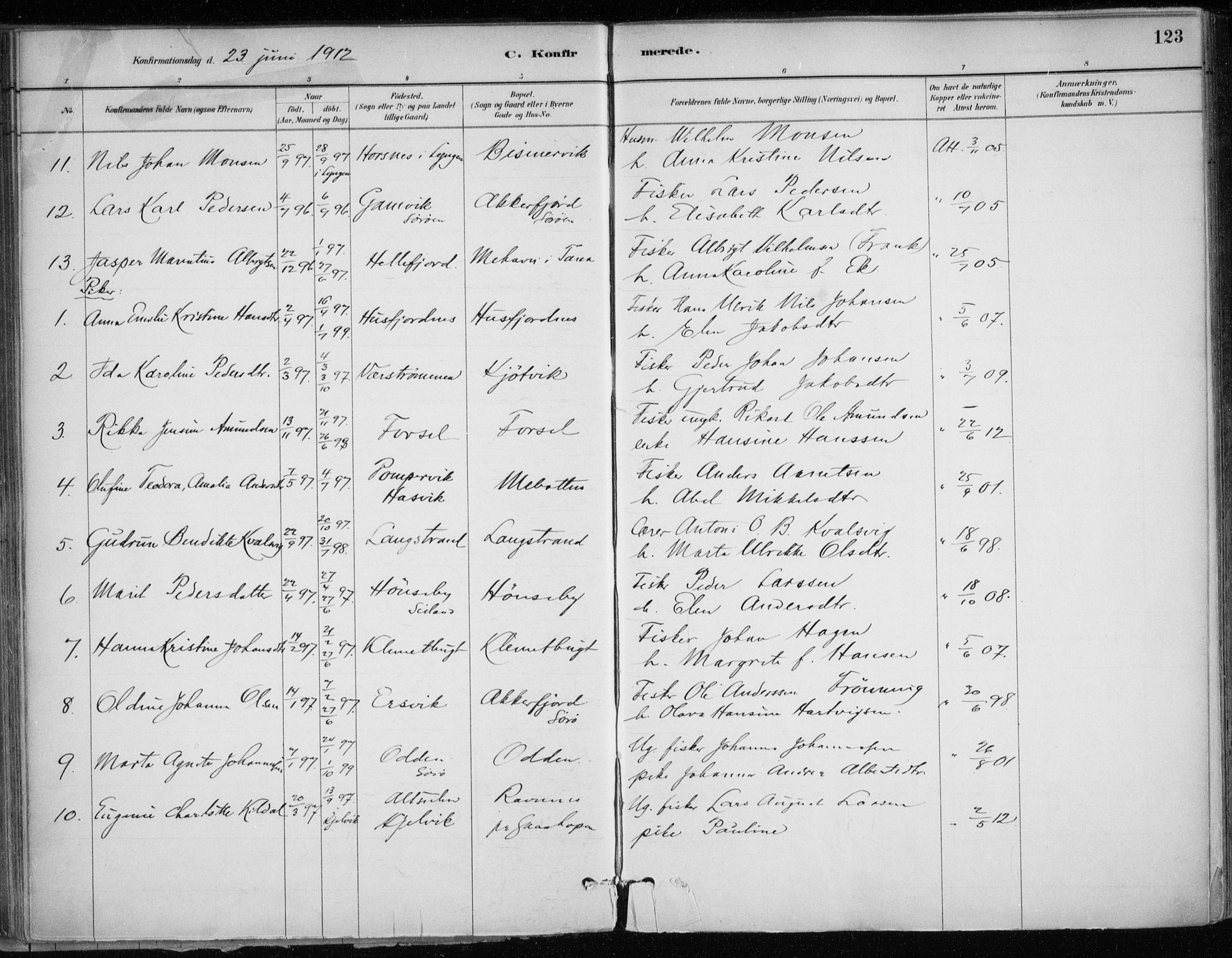Hammerfest sokneprestkontor, SATØ/S-1347/H/Ha/L0013.kirke: Parish register (official) no. 13, 1898-1917, p. 123