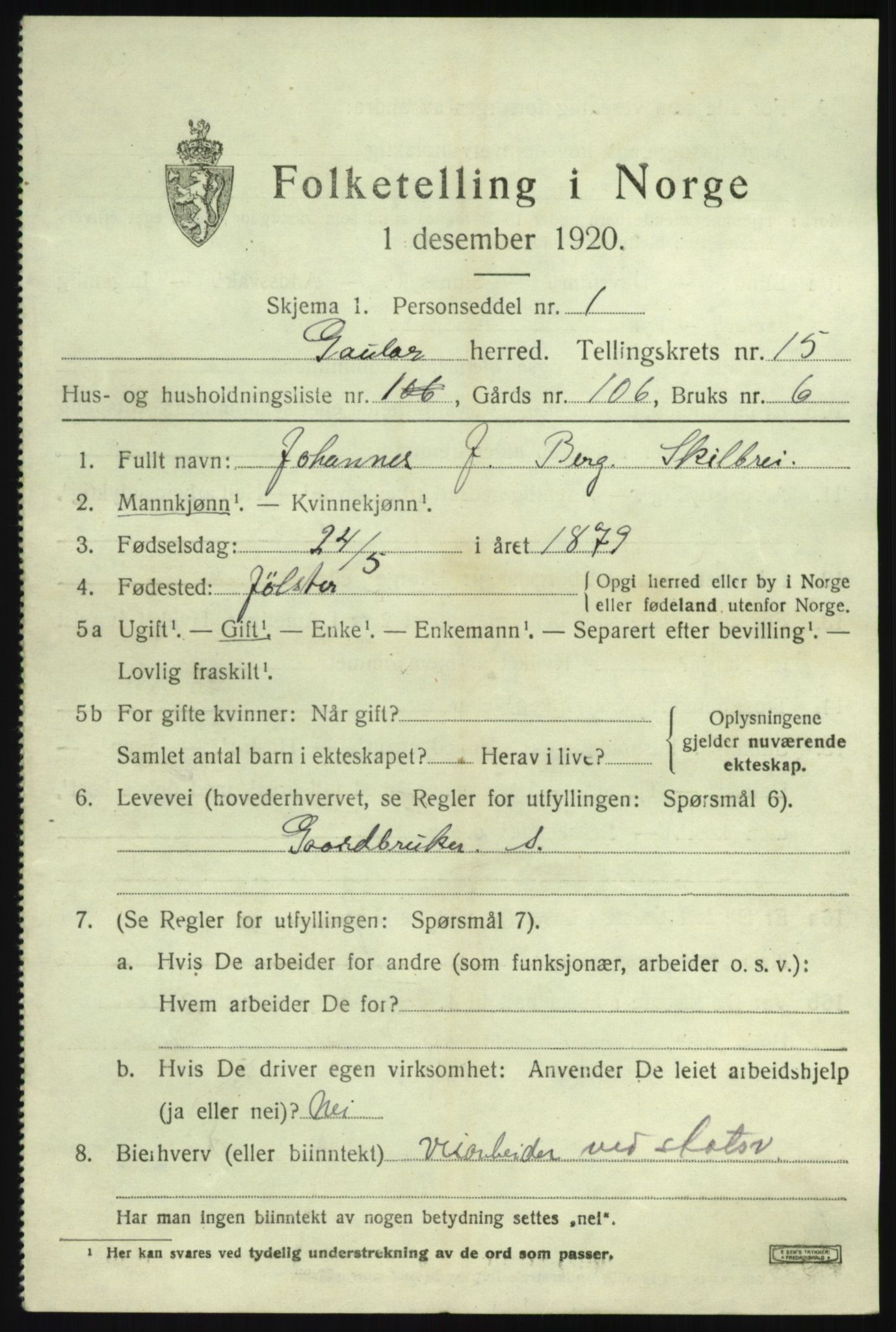 SAB, 1920 census for Gaular, 1920, p. 6674