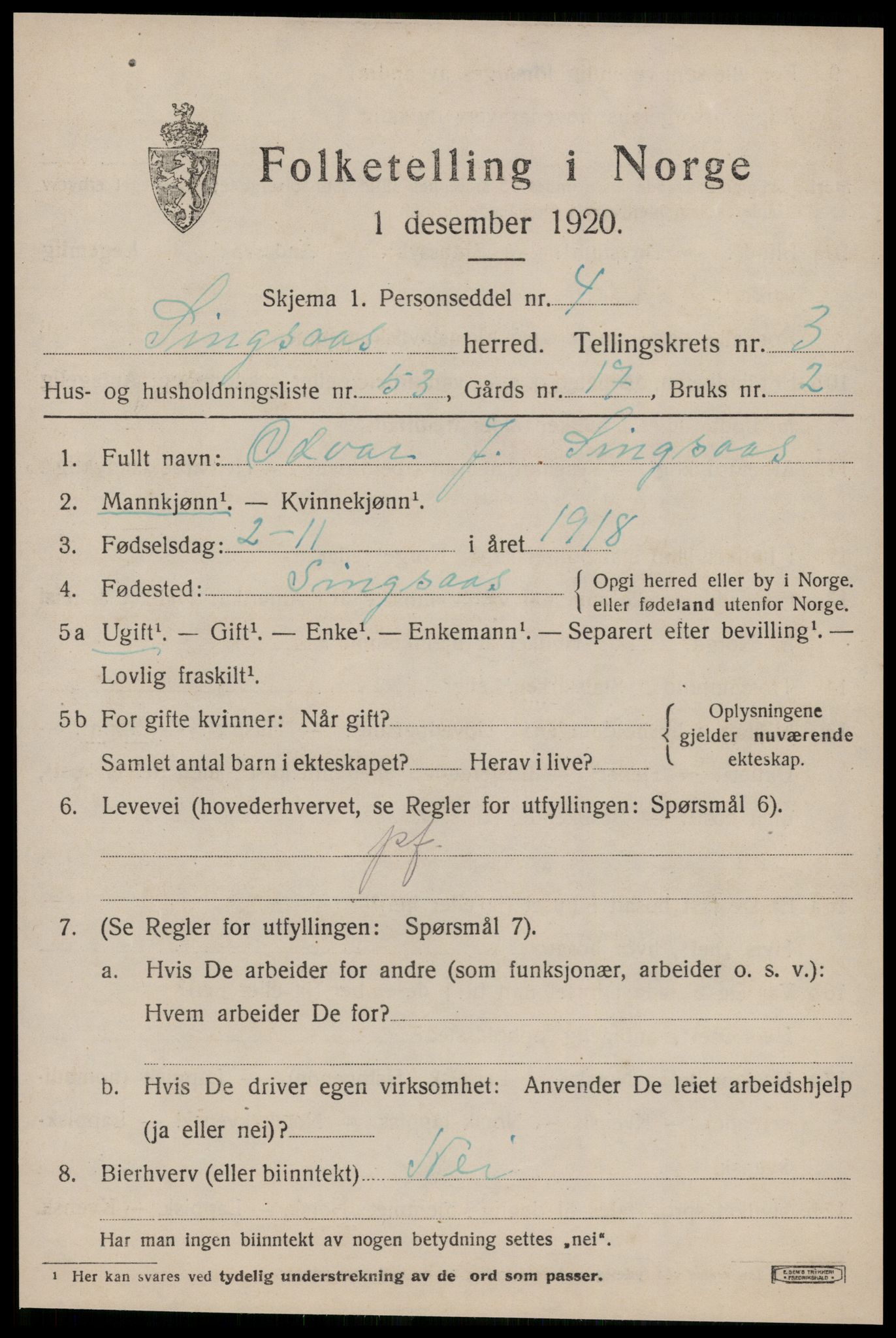 SAT, 1920 census for Singsås, 1920, p. 2111