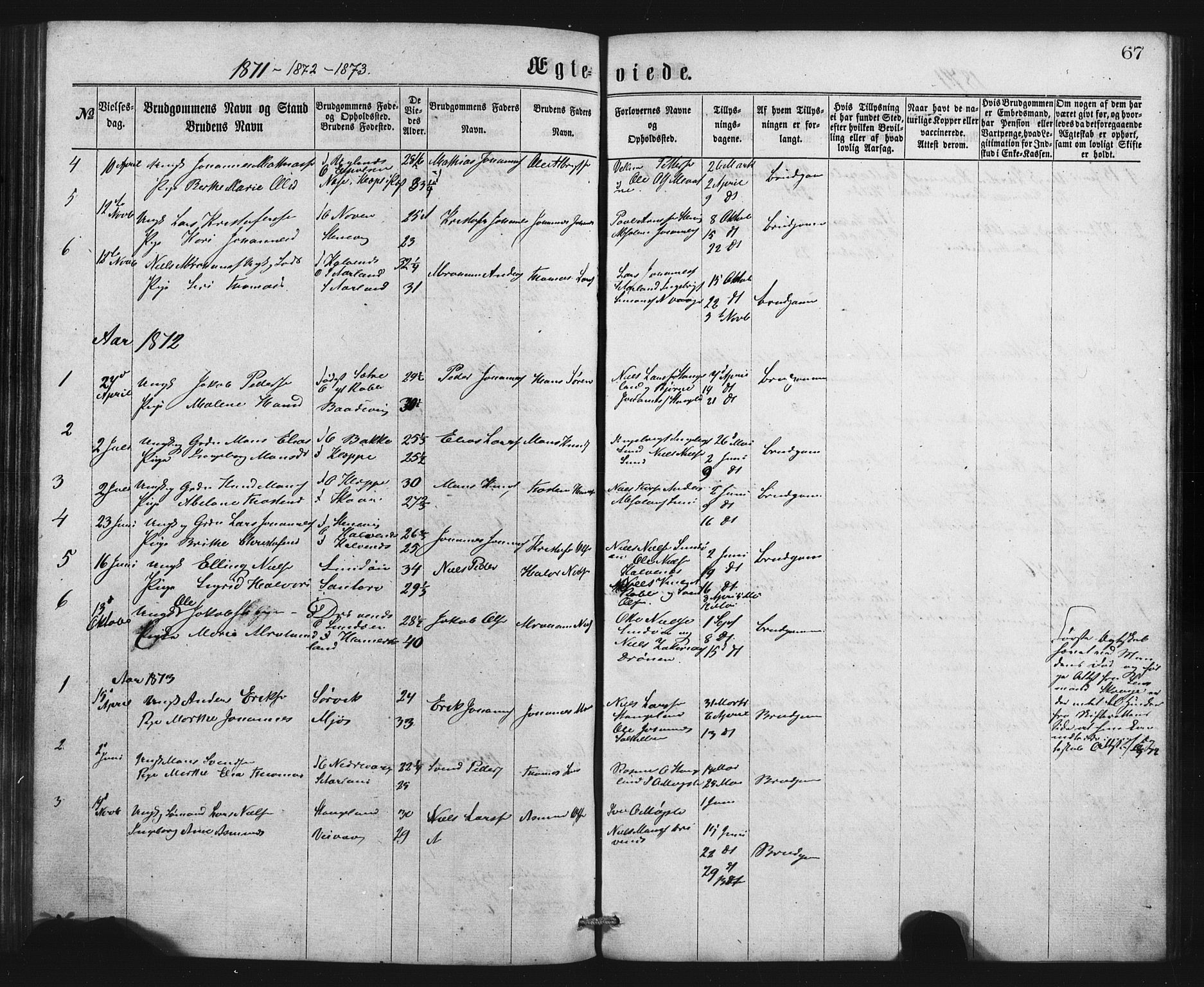 Austevoll Sokneprestembete, SAB/A-74201/H/Hab: Parish register (copy) no. B 2, 1865-1878, p. 67