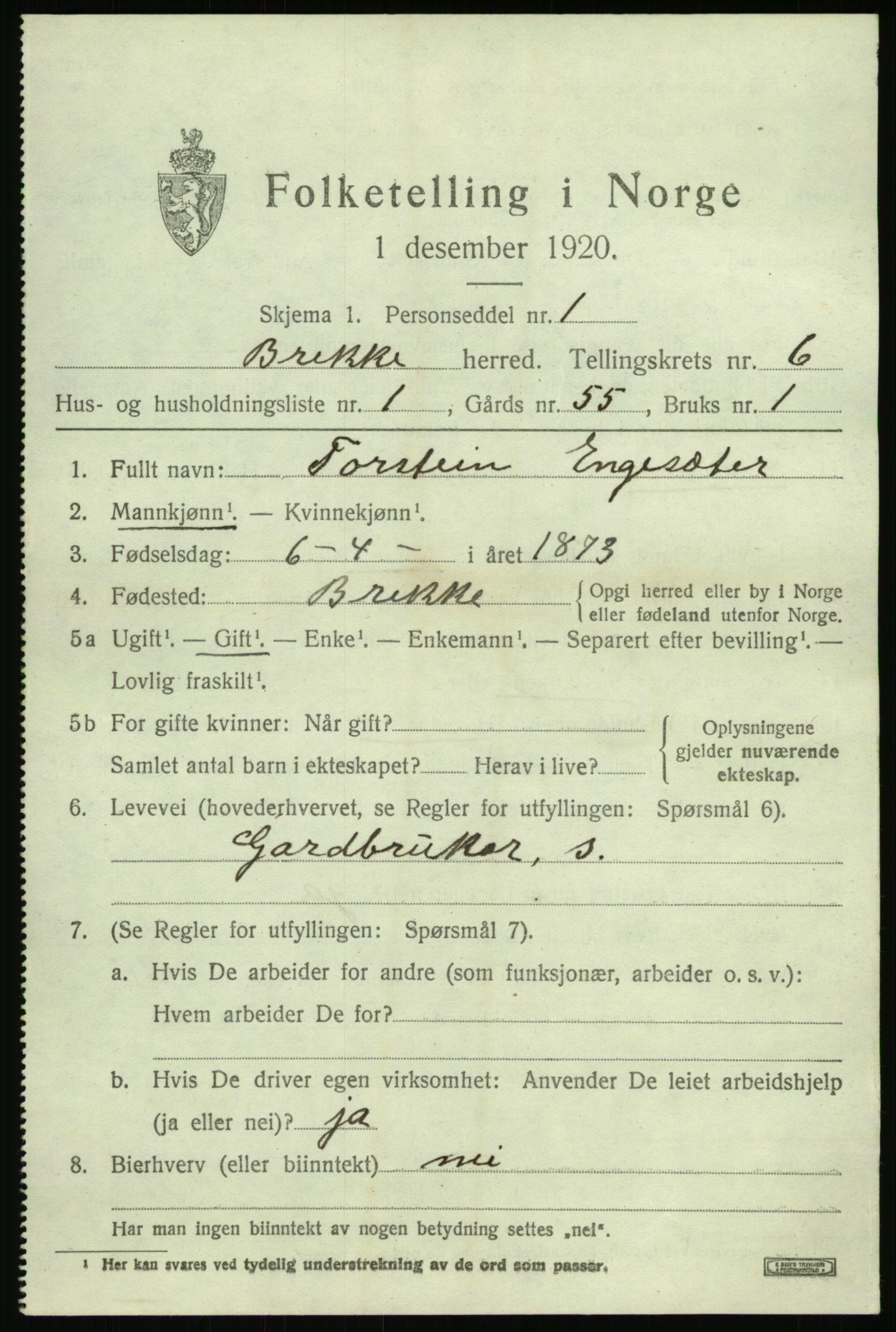 SAB, 1920 census for Brekke, 1920, p. 1262