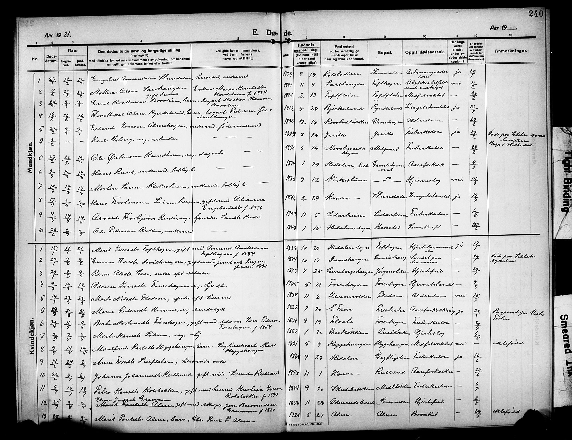 Sør-Fron prestekontor, SAH/PREST-010/H/Ha/Hab/L0005: Parish register (copy) no. 5, 1912-1930, p. 240