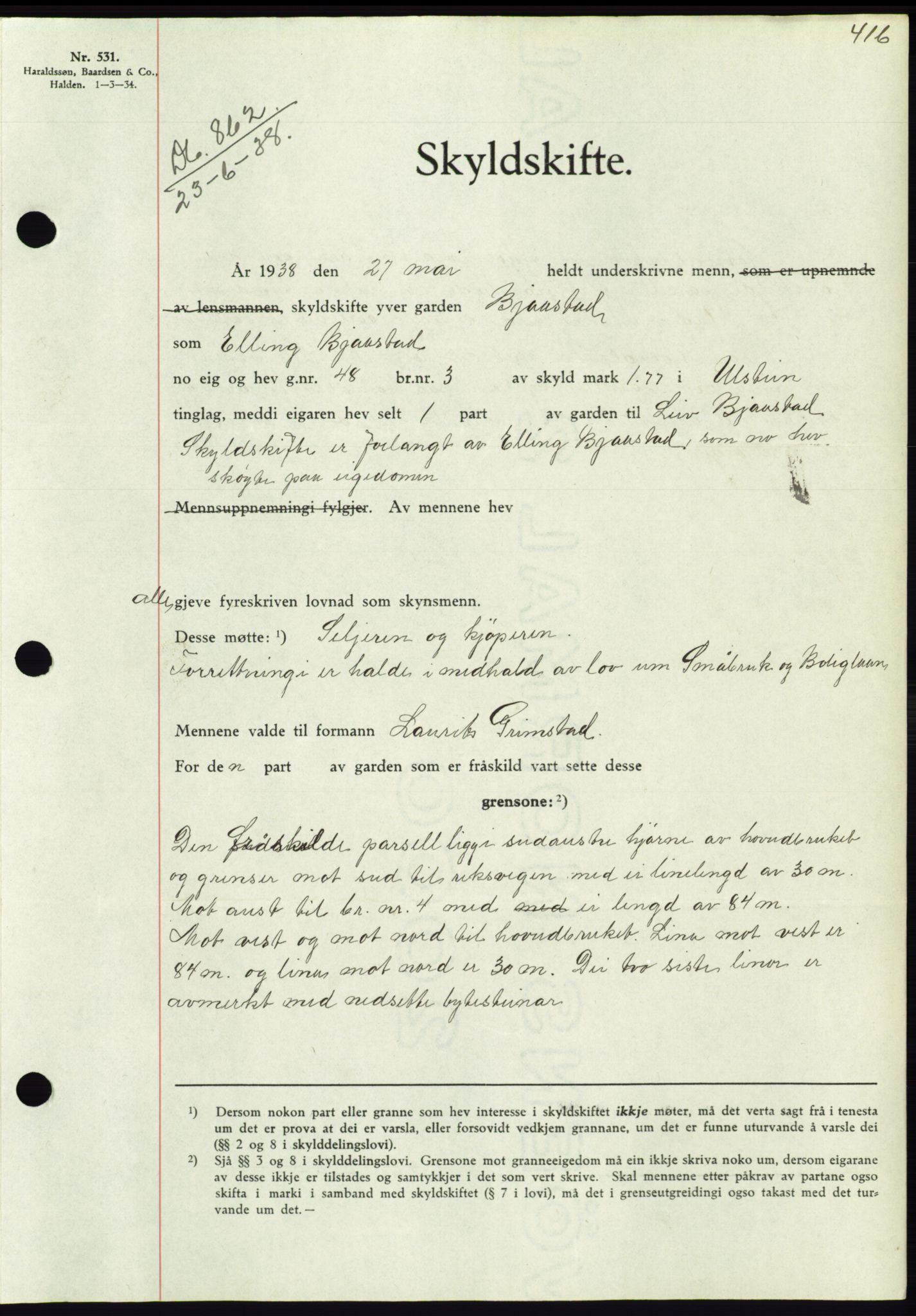 Søre Sunnmøre sorenskriveri, AV/SAT-A-4122/1/2/2C/L0065: Mortgage book no. 59, 1938-1938, Diary no: : 862/1938