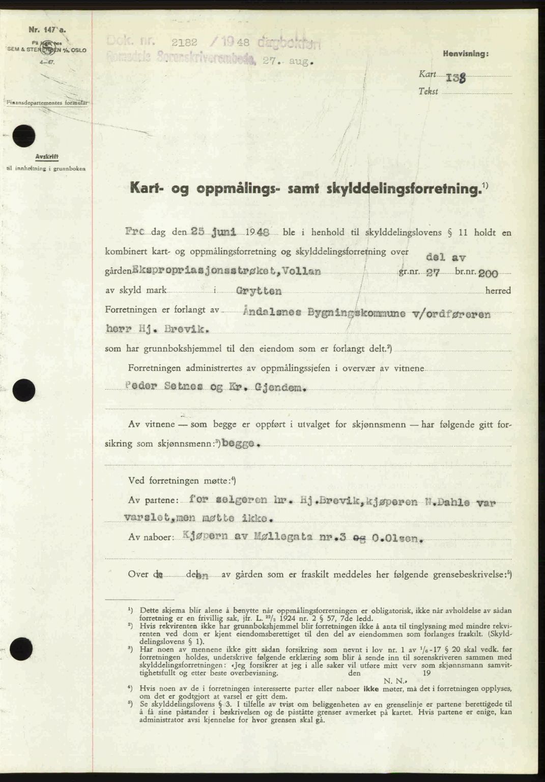 Romsdal sorenskriveri, AV/SAT-A-4149/1/2/2C: Mortgage book no. A27, 1948-1948, Diary no: : 2182/1948