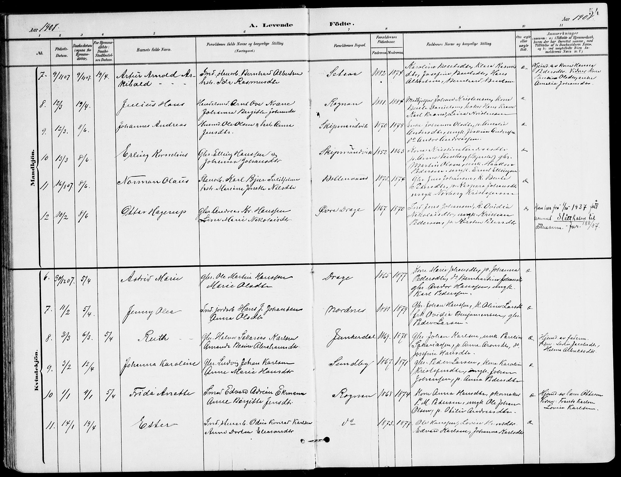 Ministerialprotokoller, klokkerbøker og fødselsregistre - Nordland, SAT/A-1459/847/L0672: Parish register (official) no. 847A12, 1902-1919, p. 54