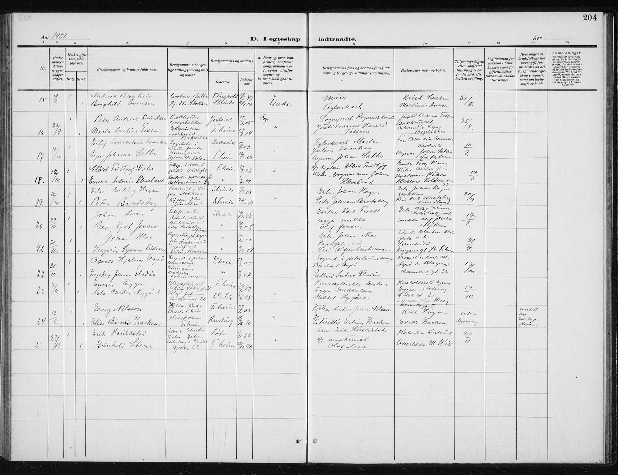 Ministerialprotokoller, klokkerbøker og fødselsregistre - Sør-Trøndelag, SAT/A-1456/606/L0314: Parish register (copy) no. 606C10, 1911-1937, p. 204