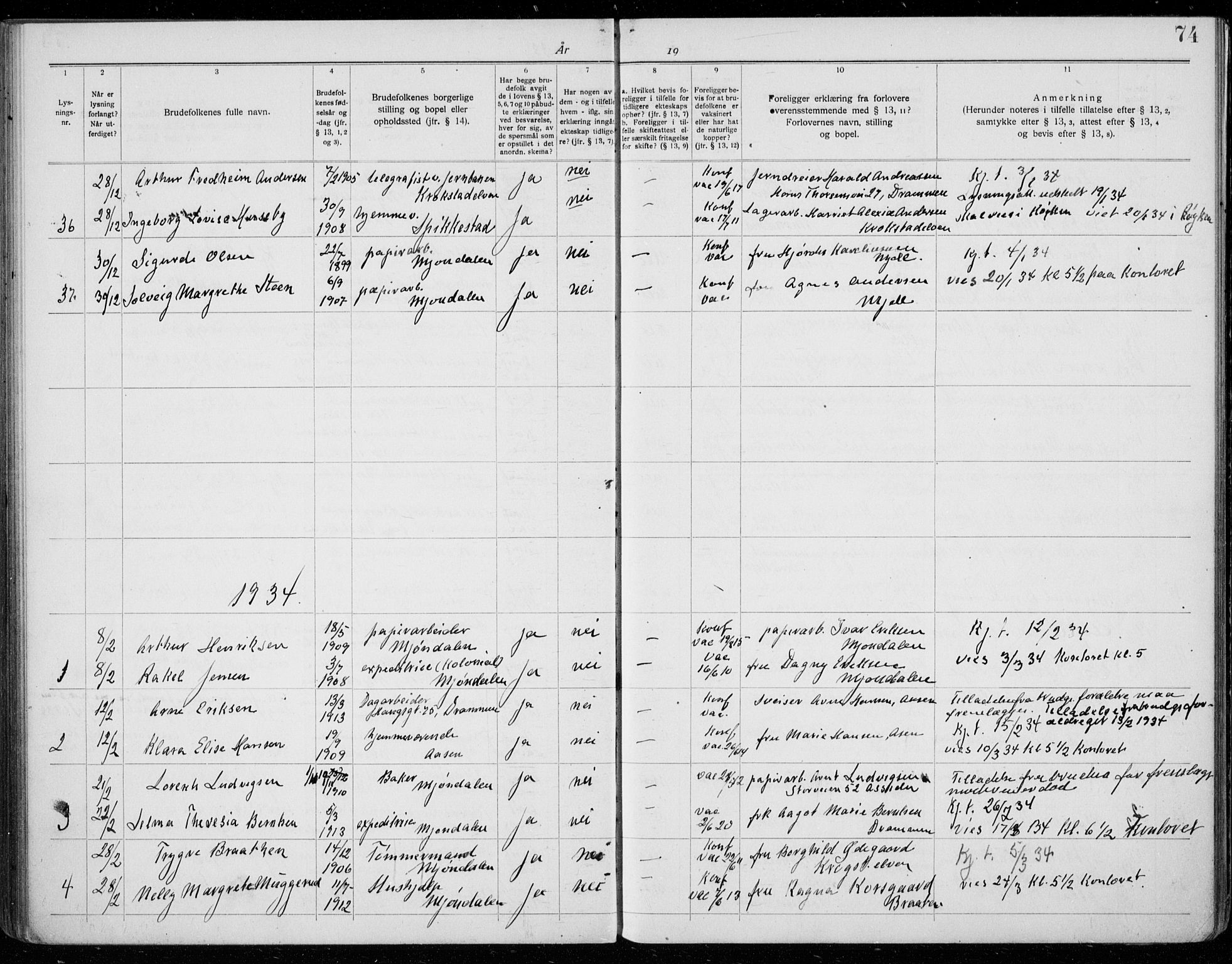 Nedre Eiker kirkebøker, AV/SAKO-A-612/H/Ha/L0001: Banns register no. 1, 1919-1937, p. 74