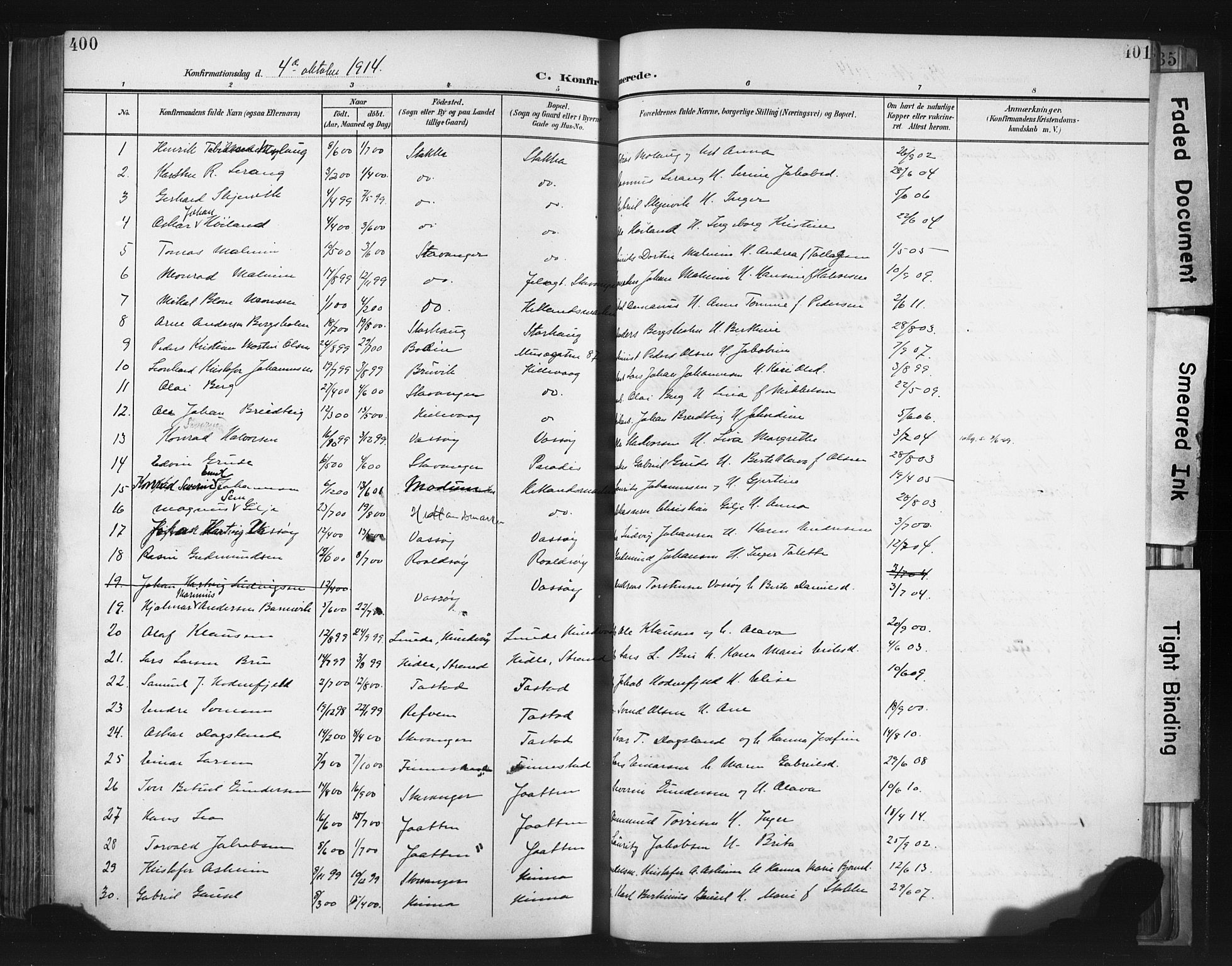 Hetland sokneprestkontor, SAST/A-101826/30/30BA/L0013: Parish register (official) no. A 13, 1904-1918, p. 400-401