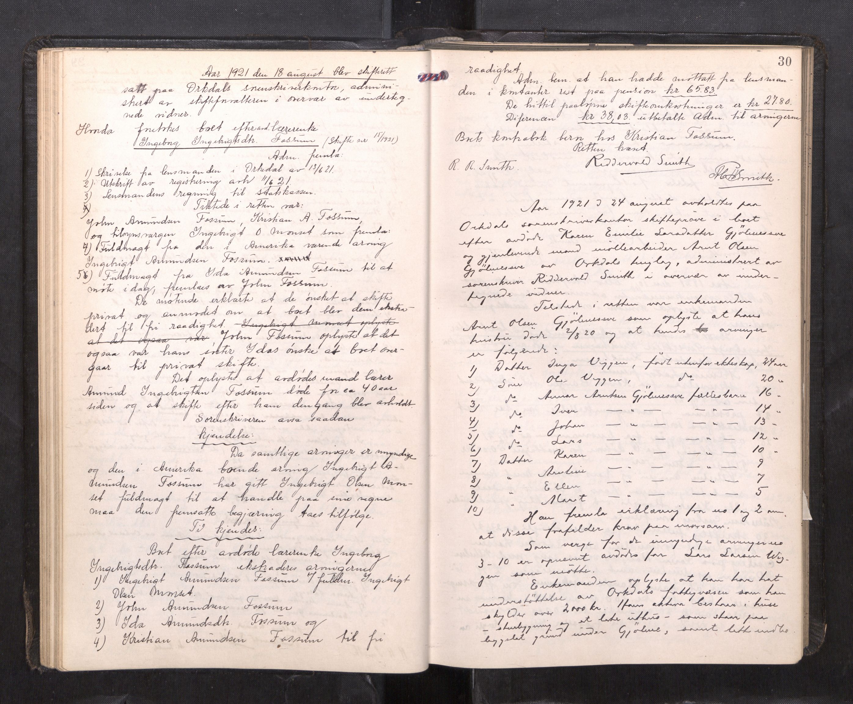 Orkdal sorenskriveri, AV/SAT-A-4169/1/3/3B/L0015: Skiftebehandlingsprotokoll, 1919-1927, p. 29b-30a