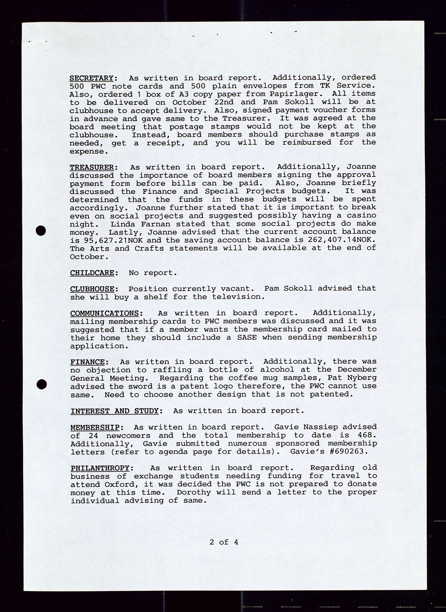 PA 1547 - Petroleum Wives Club, AV/SAST-A-101974/A/Aa/L0002: Board and General Meeting, 1986-1994