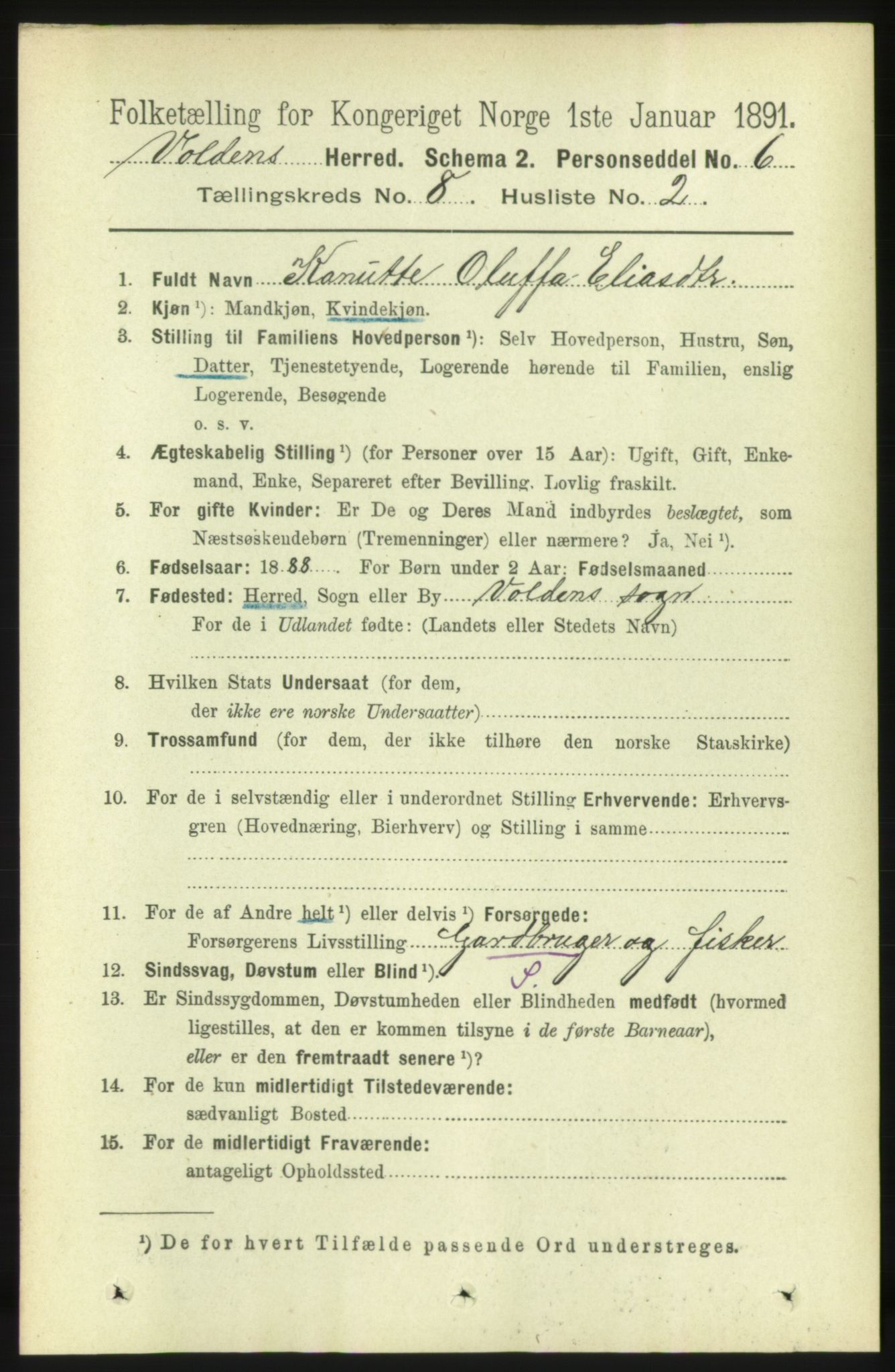 RA, 1891 census for 1519 Volda, 1891, p. 3837