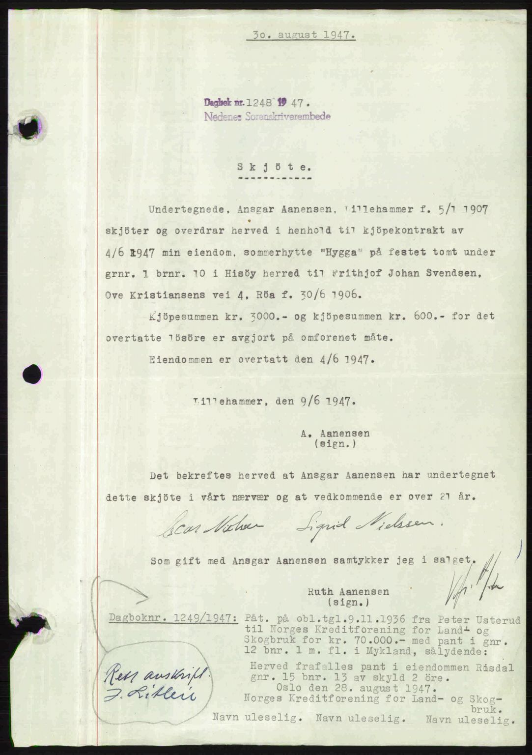 Nedenes sorenskriveri, AV/SAK-1221-0006/G/Gb/Gba/L0057: Mortgage book no. A9, 1947-1947, Diary no: : 1248/1947