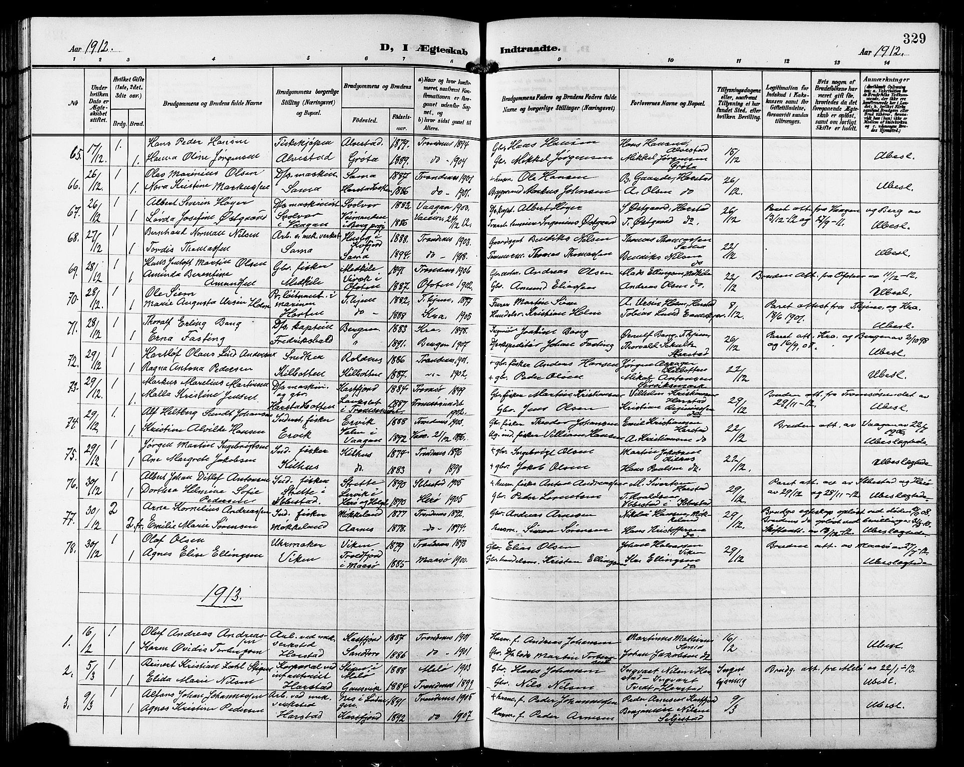 Trondenes sokneprestkontor, SATØ/S-1319/H/Hb/L0012klokker: Parish register (copy) no. 12, 1907-1916, p. 329