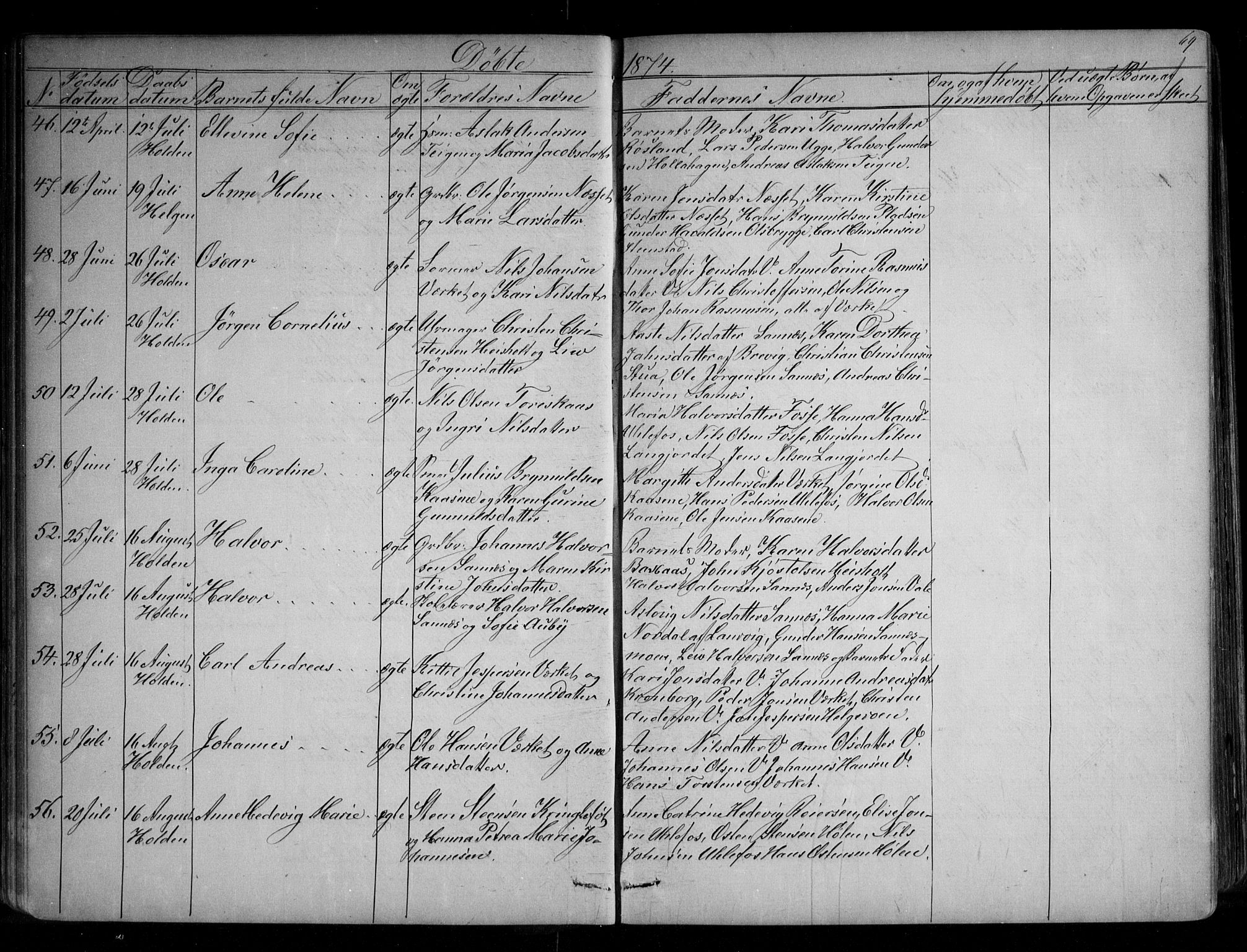 Holla kirkebøker, SAKO/A-272/G/Ga/L0004: Parish register (copy) no. I 4, 1867-1890, p. 69
