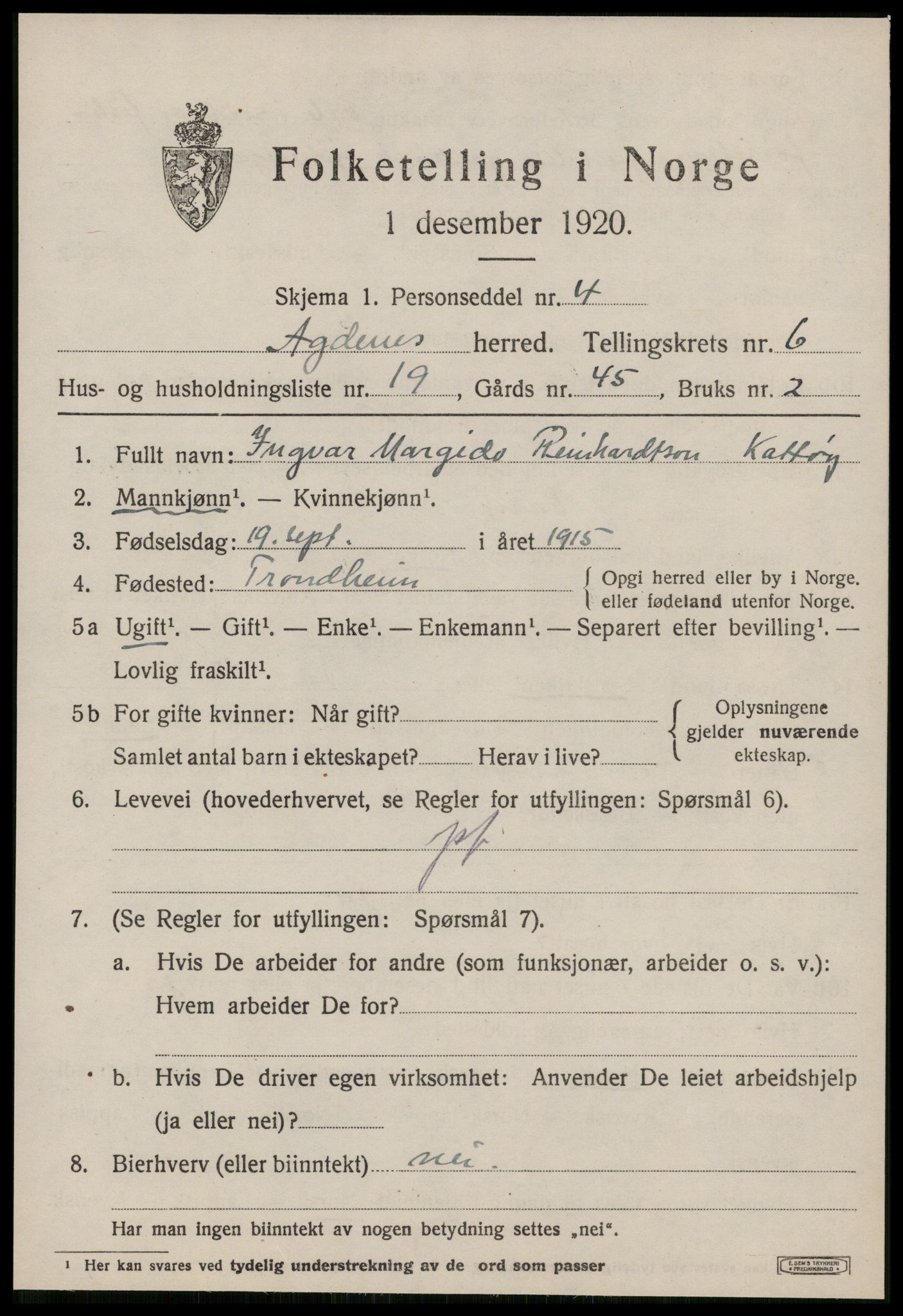 SAT, 1920 census for Agdenes, 1920, p. 2667