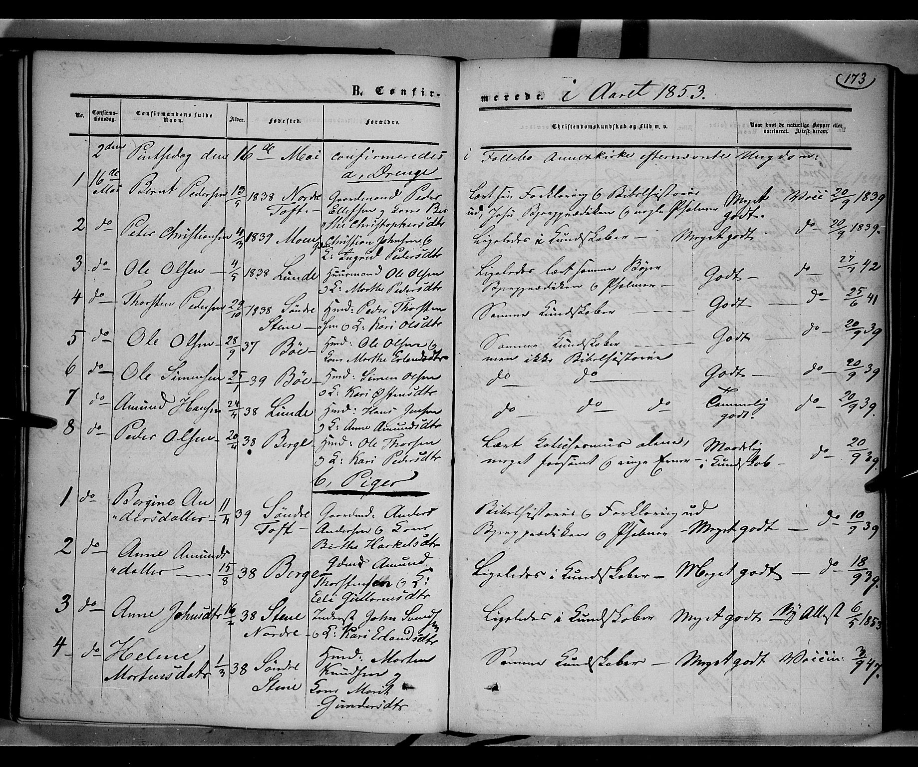 Gausdal prestekontor, AV/SAH-PREST-090/H/Ha/Haa/L0008: Parish register (official) no. 8, 1850-1861, p. 173