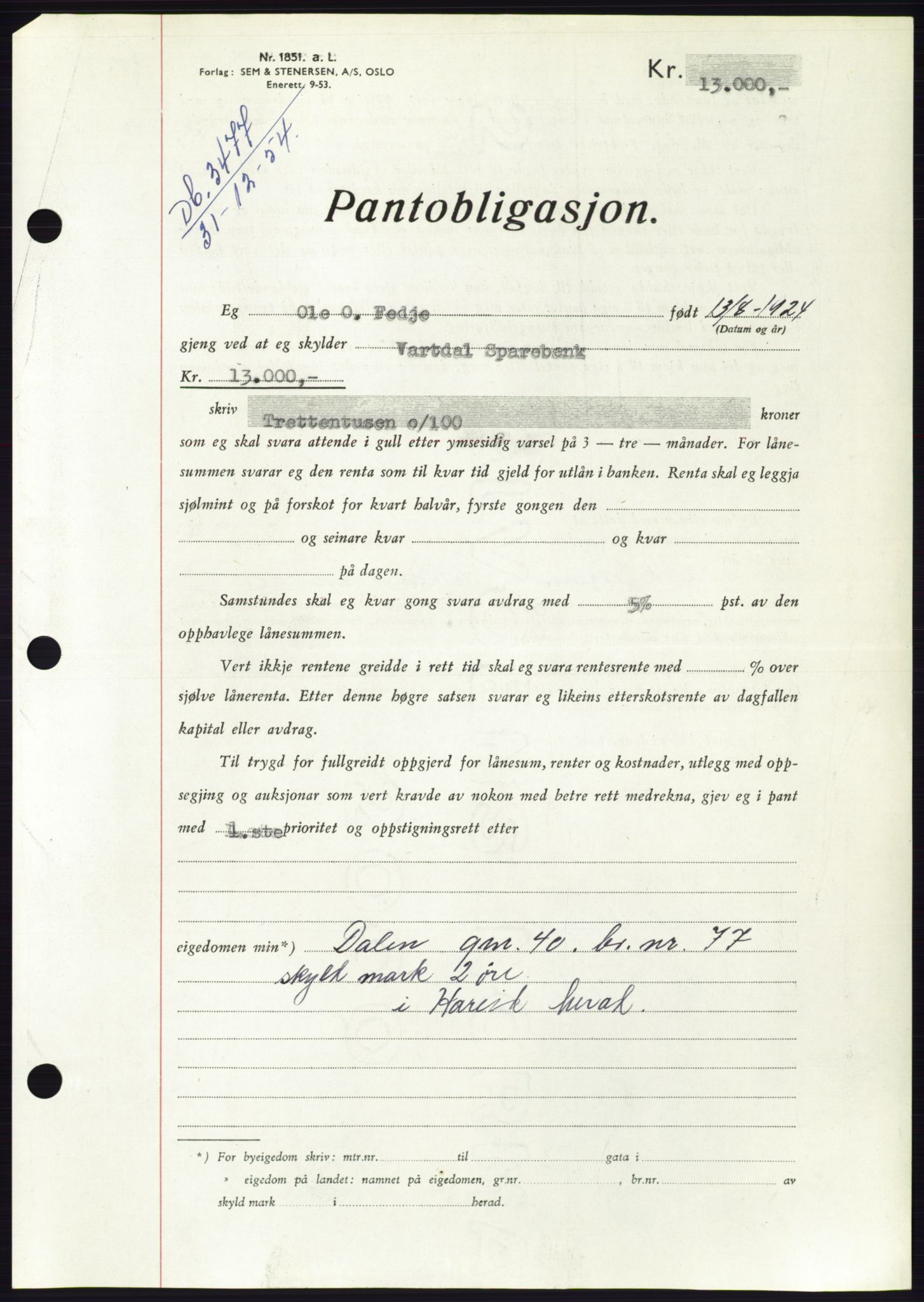 Søre Sunnmøre sorenskriveri, AV/SAT-A-4122/1/2/2C/L0126: Mortgage book no. 14B, 1954-1955, Diary no: : 3477/1954