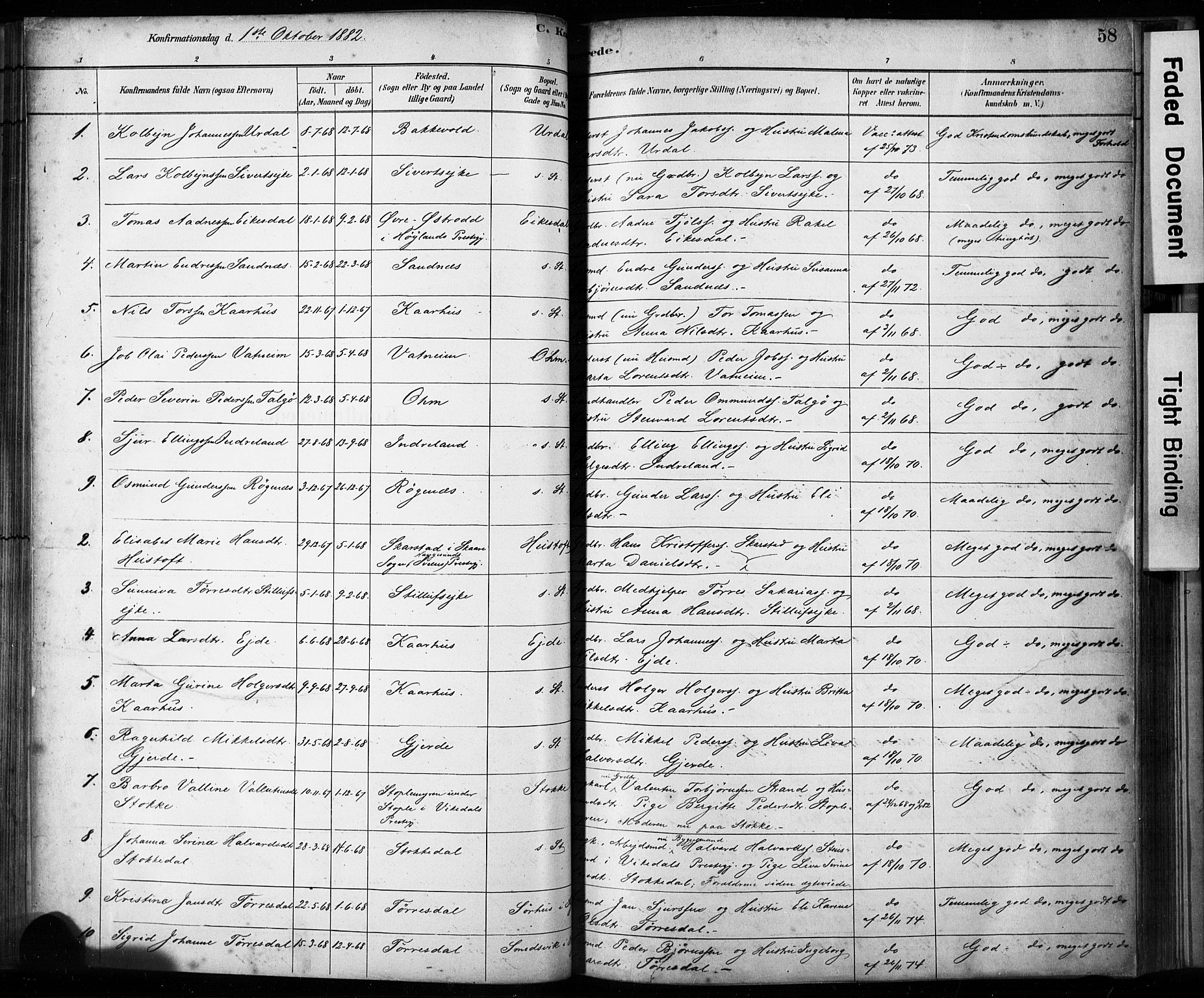 Skjold sokneprestkontor, SAST/A-101847/H/Ha/Haa/L0009: Parish register (official) no. A 9, 1882-1898, p. 58