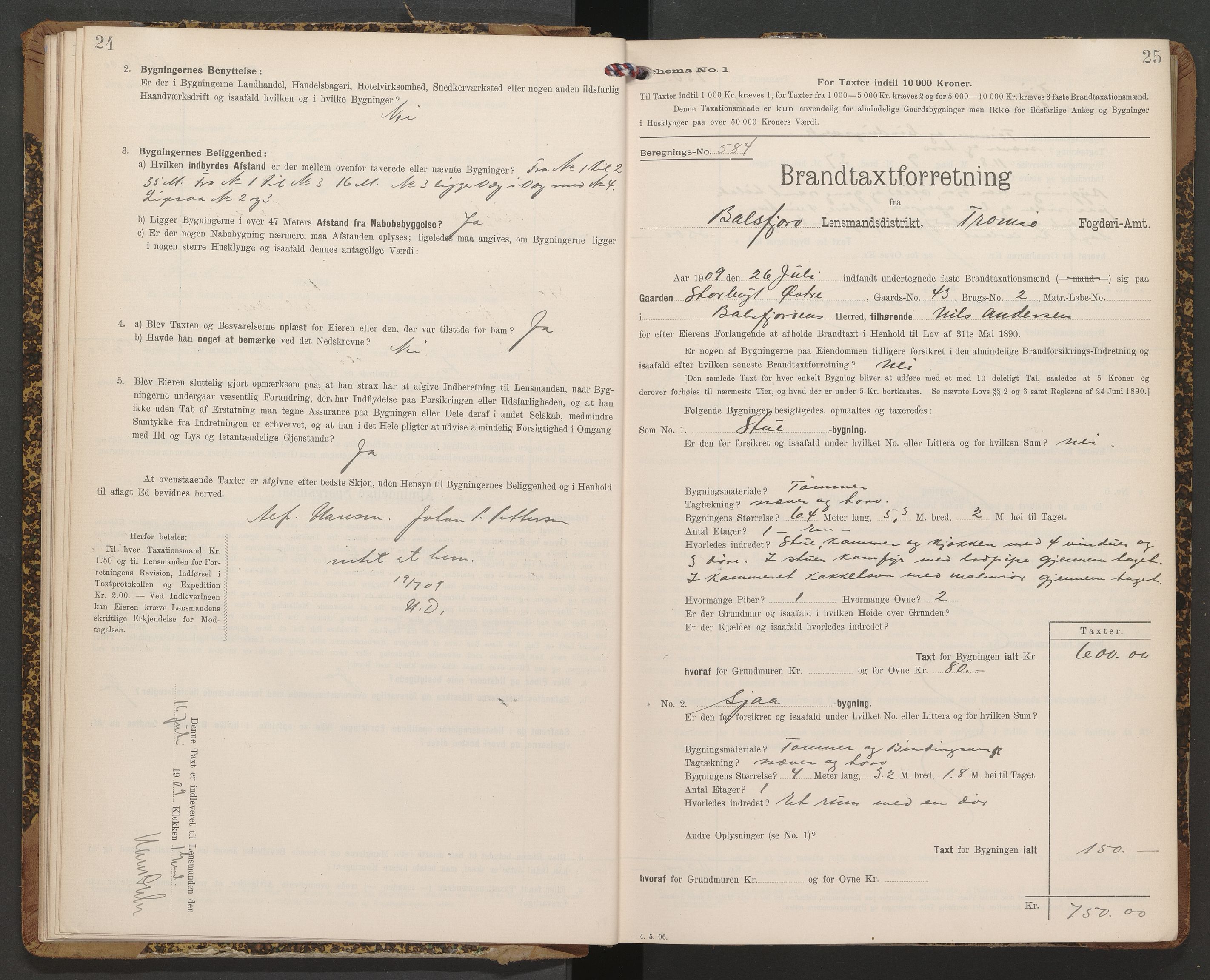 Lensmannen i Balsfjord, AV/SATØ-S-0085/Hf/Hfb/L0175: Branntakstprotokoller 1873-1962. Med register, 1909-1912