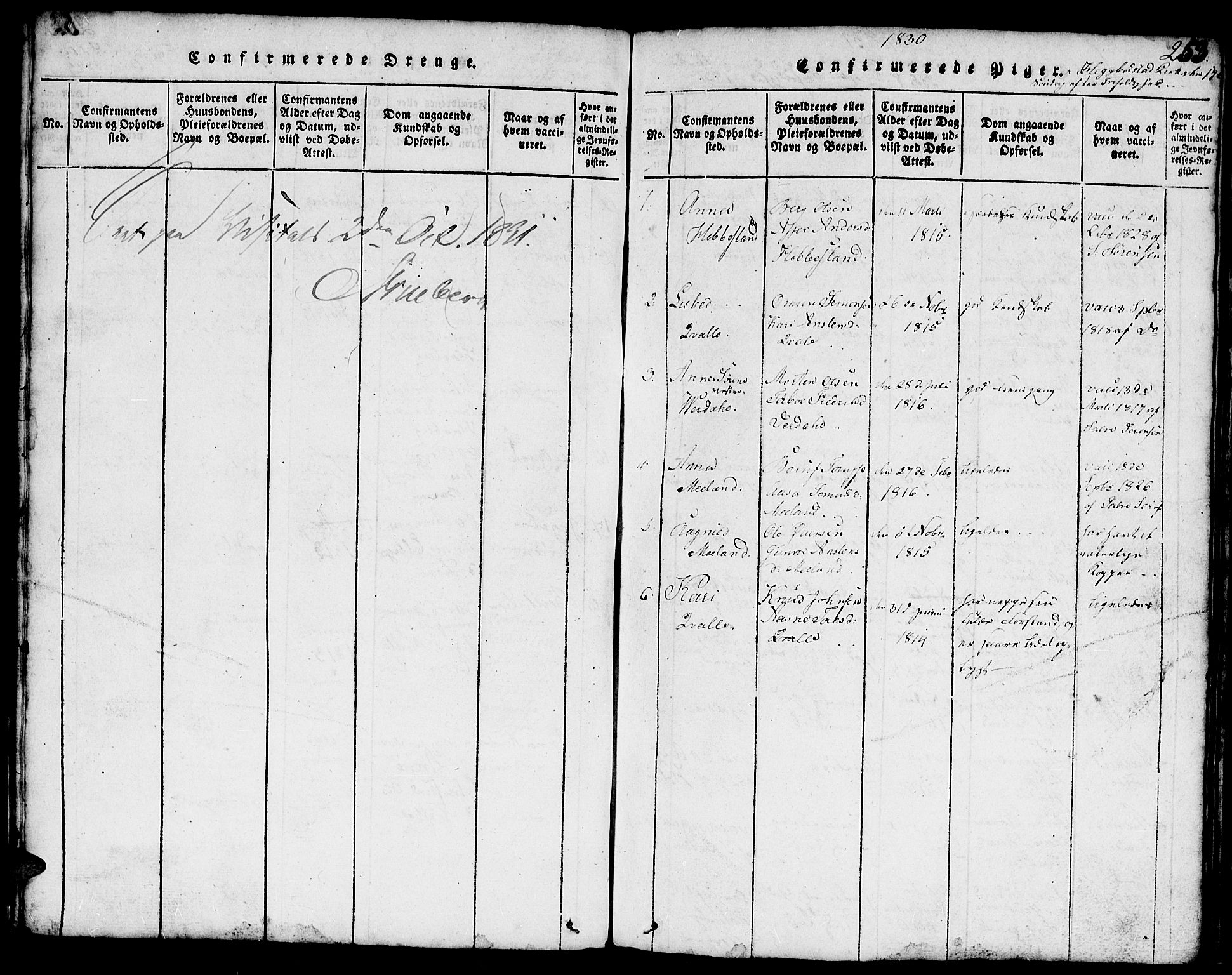 Hægebostad sokneprestkontor, AV/SAK-1111-0024/F/Fb/Fbb/L0001: Parish register (copy) no. B 1, 1816-1850, p. 253