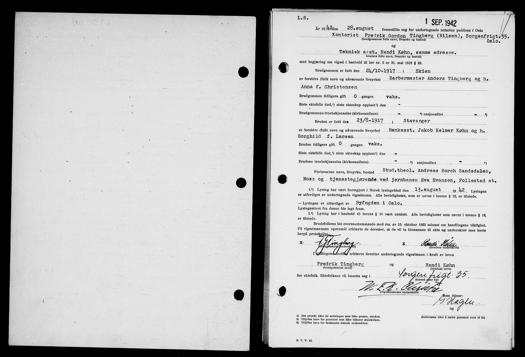 Oslo byfogd avd. I, AV/SAO-A-10220/L/Lb/Lbb/L0041: Notarialprotokoll, rekke II: Vigsler, 1942
