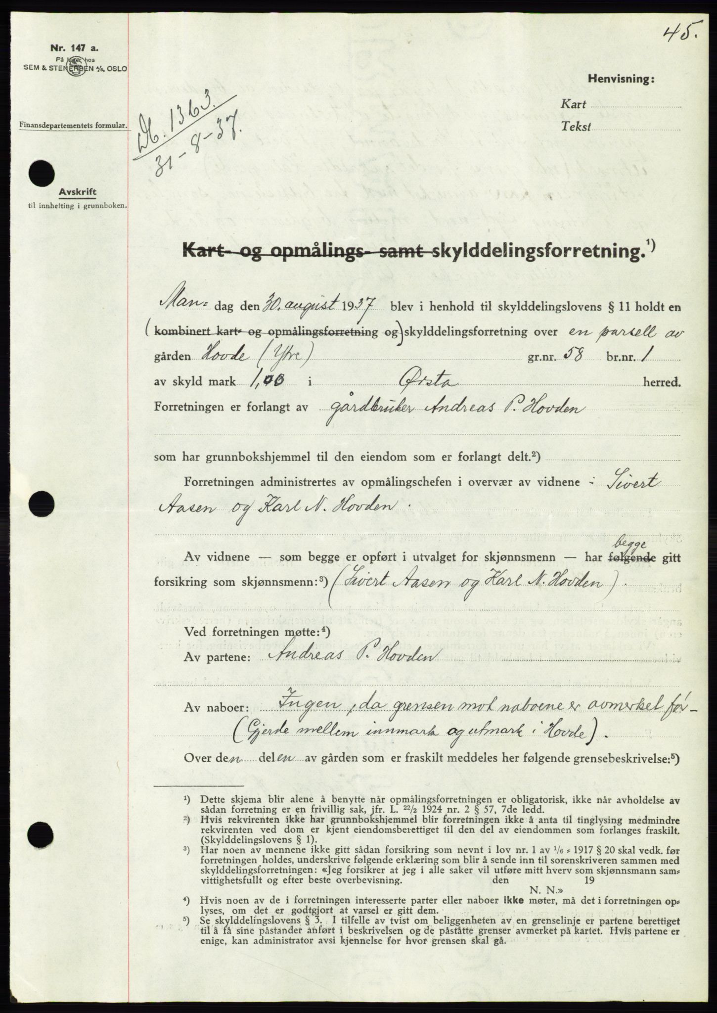 Søre Sunnmøre sorenskriveri, AV/SAT-A-4122/1/2/2C/L0064: Mortgage book no. 58, 1937-1938, Diary no: : 1363/1937