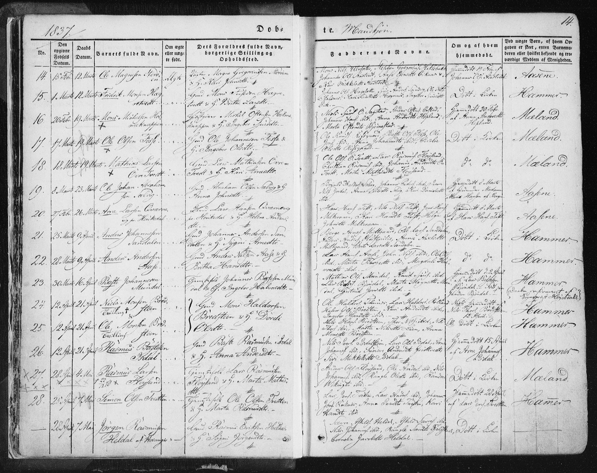 Hamre sokneprestembete, AV/SAB-A-75501/H/Ha/Haa/Haaa/L0012: Parish register (official) no. A 12, 1834-1845, p. 14