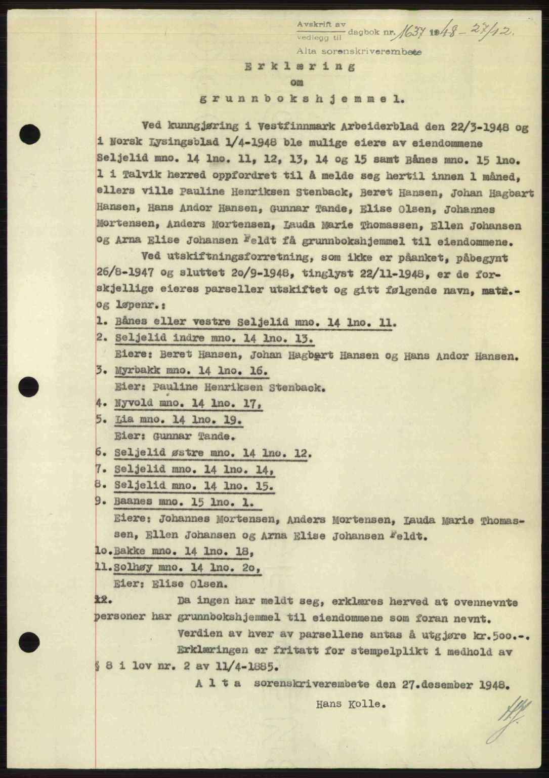 Alta fogderi/sorenskriveri, AV/SATØ-SATØ-5/1/K/Kd/L0037pantebok: Mortgage book no. 39-40, 1948-1949, Diary no: : 1637/1948