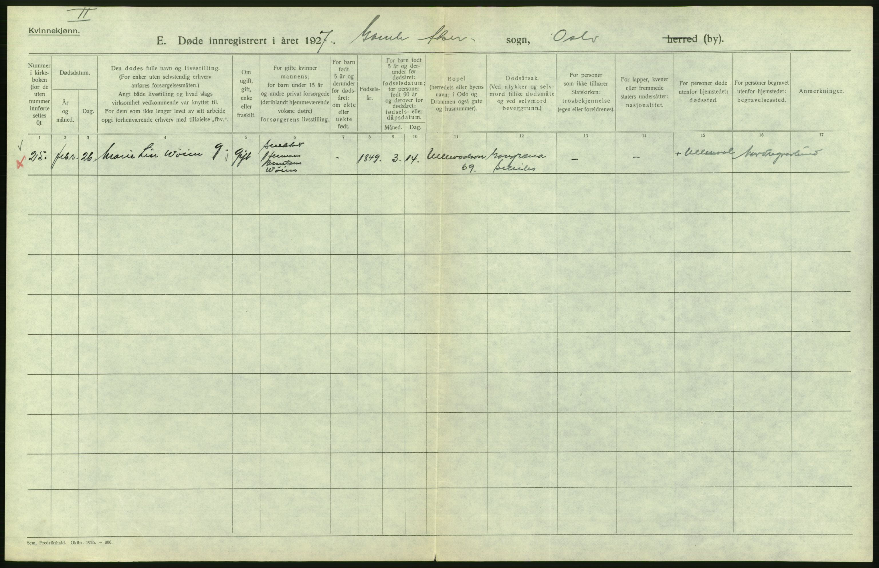 Statistisk sentralbyrå, Sosiodemografiske emner, Befolkning, AV/RA-S-2228/D/Df/Dfc/Dfcg/L0010: Oslo: Døde kvinner, dødfødte, 1927, p. 330