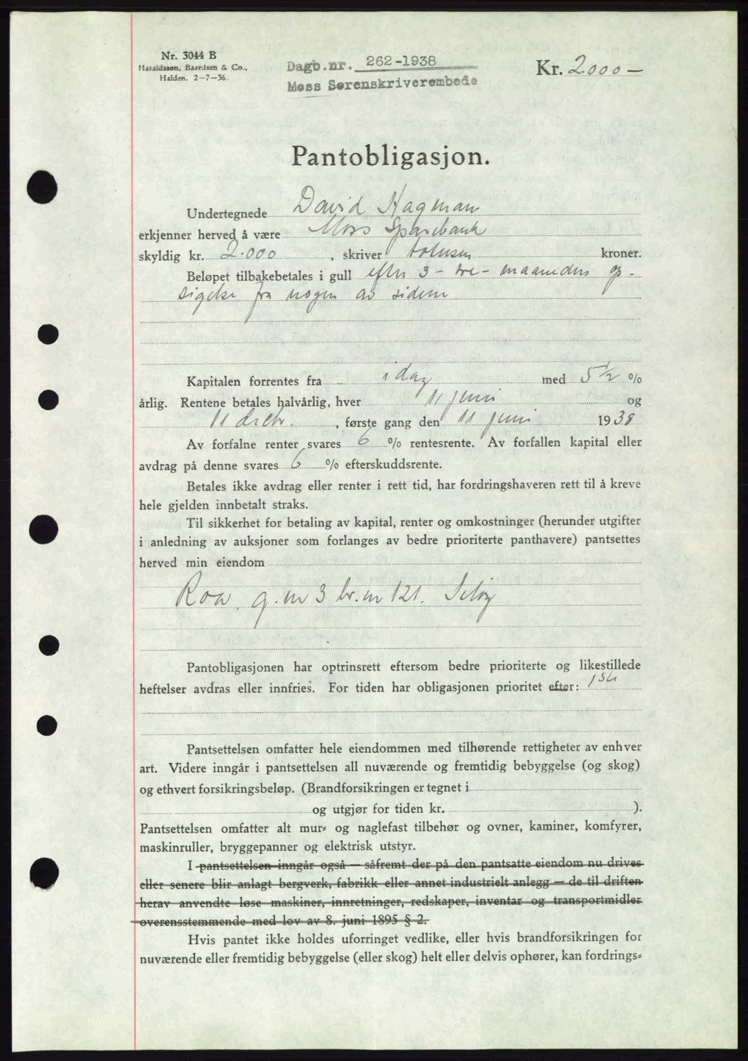 Moss sorenskriveri, AV/SAO-A-10168: Mortgage book no. B5, 1938-1938, Diary no: : 262/1938