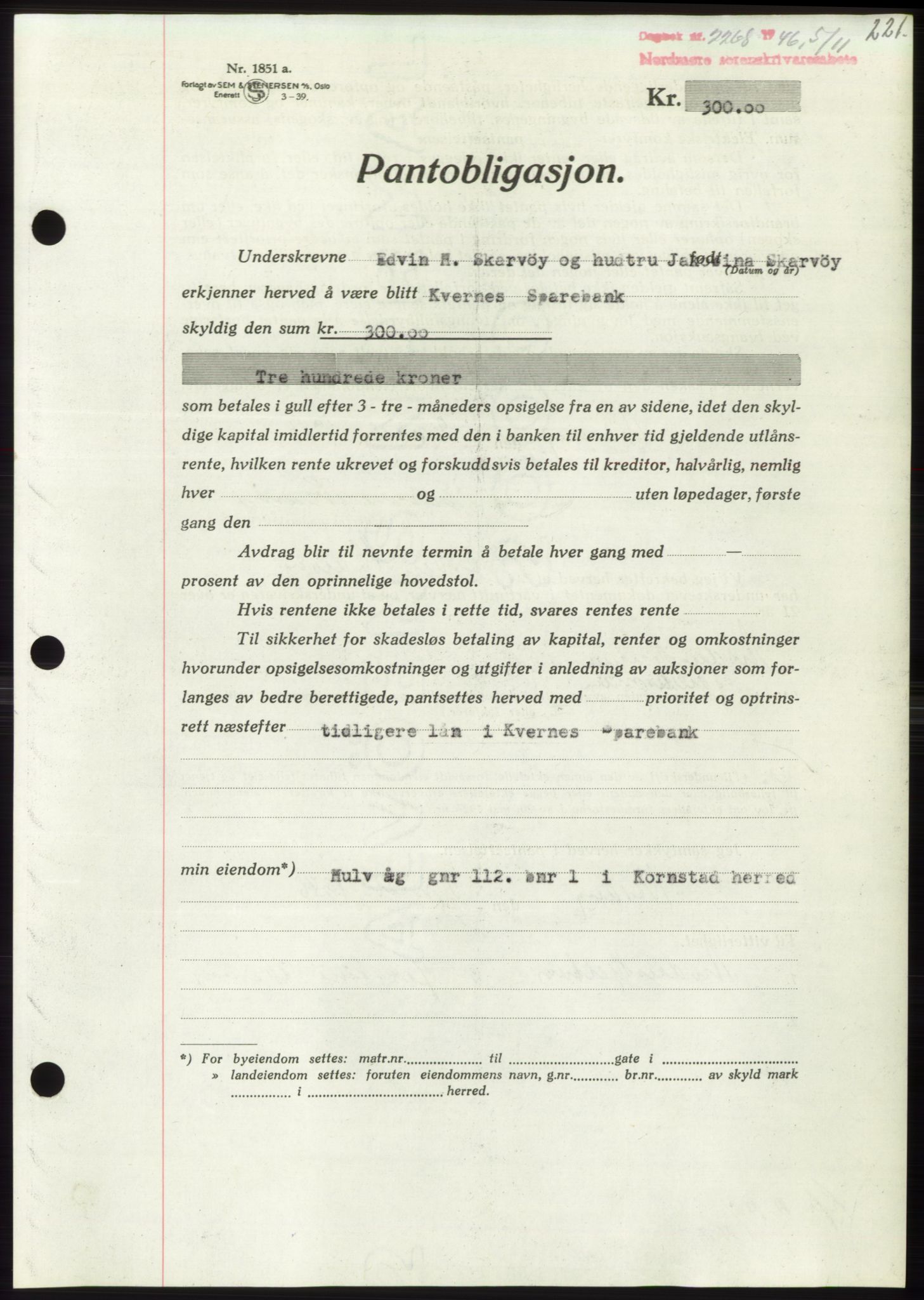 Nordmøre sorenskriveri, AV/SAT-A-4132/1/2/2Ca: Mortgage book no. B95, 1946-1947, Diary no: : 2268/1946