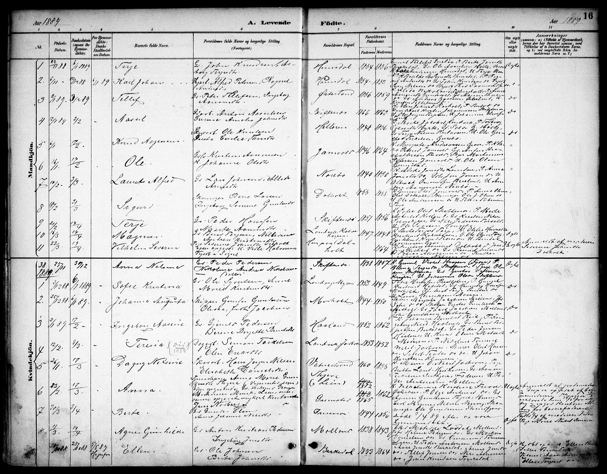 Hommedal sokneprestkontor, AV/SAK-1111-0023/F/Fb/Fbb/L0007: Parish register (copy) no. B 7, 1885-1904, p. 16