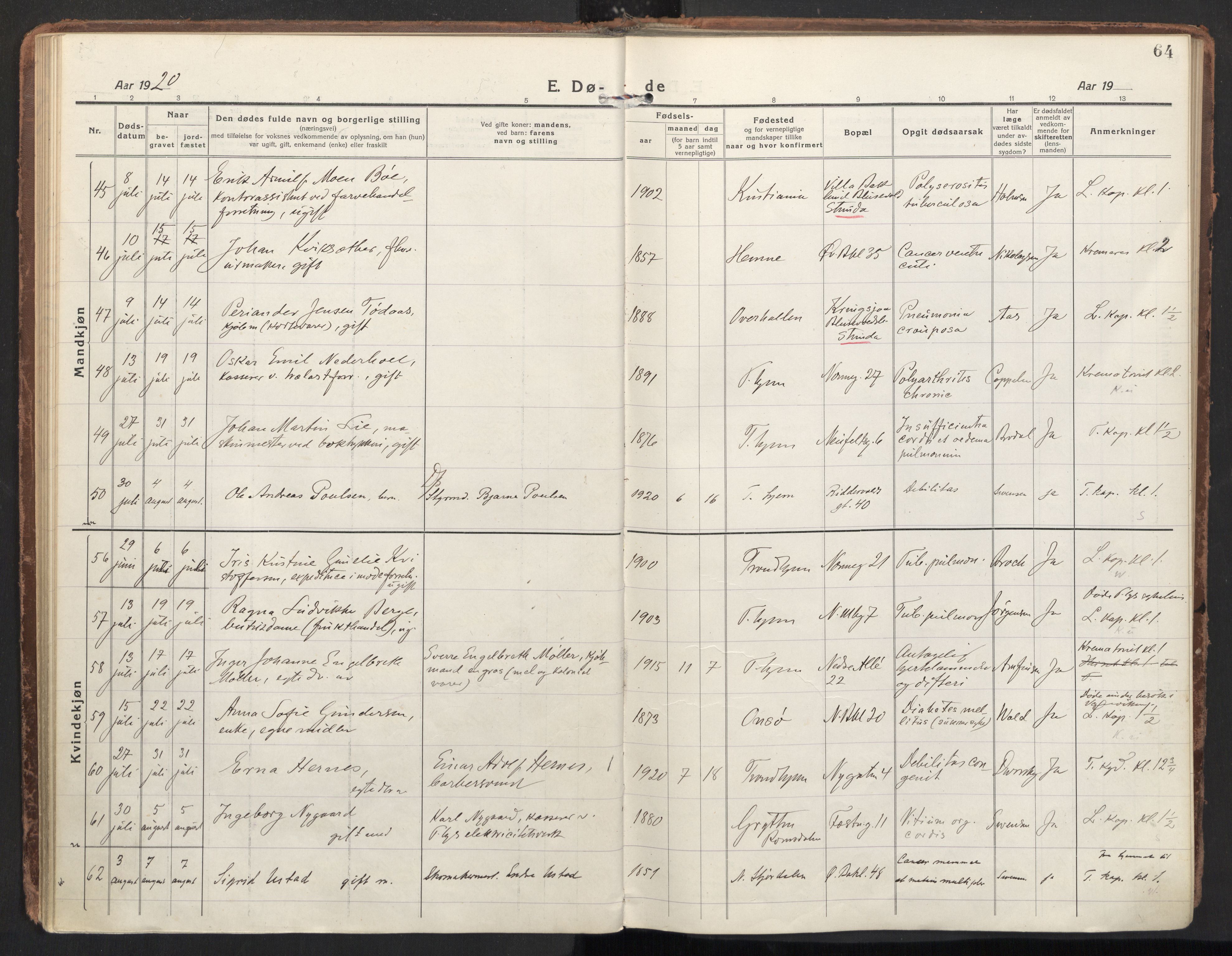 Ministerialprotokoller, klokkerbøker og fødselsregistre - Sør-Trøndelag, SAT/A-1456/604/L0207: Parish register (official) no. 604A27, 1917-1933, p. 64