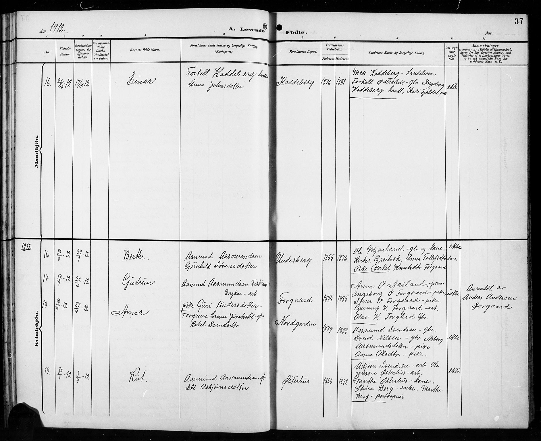 Åseral sokneprestkontor, AV/SAK-1111-0051/F/Fb/L0003: Parish register (copy) no. B 3, 1900-1919, p. 37